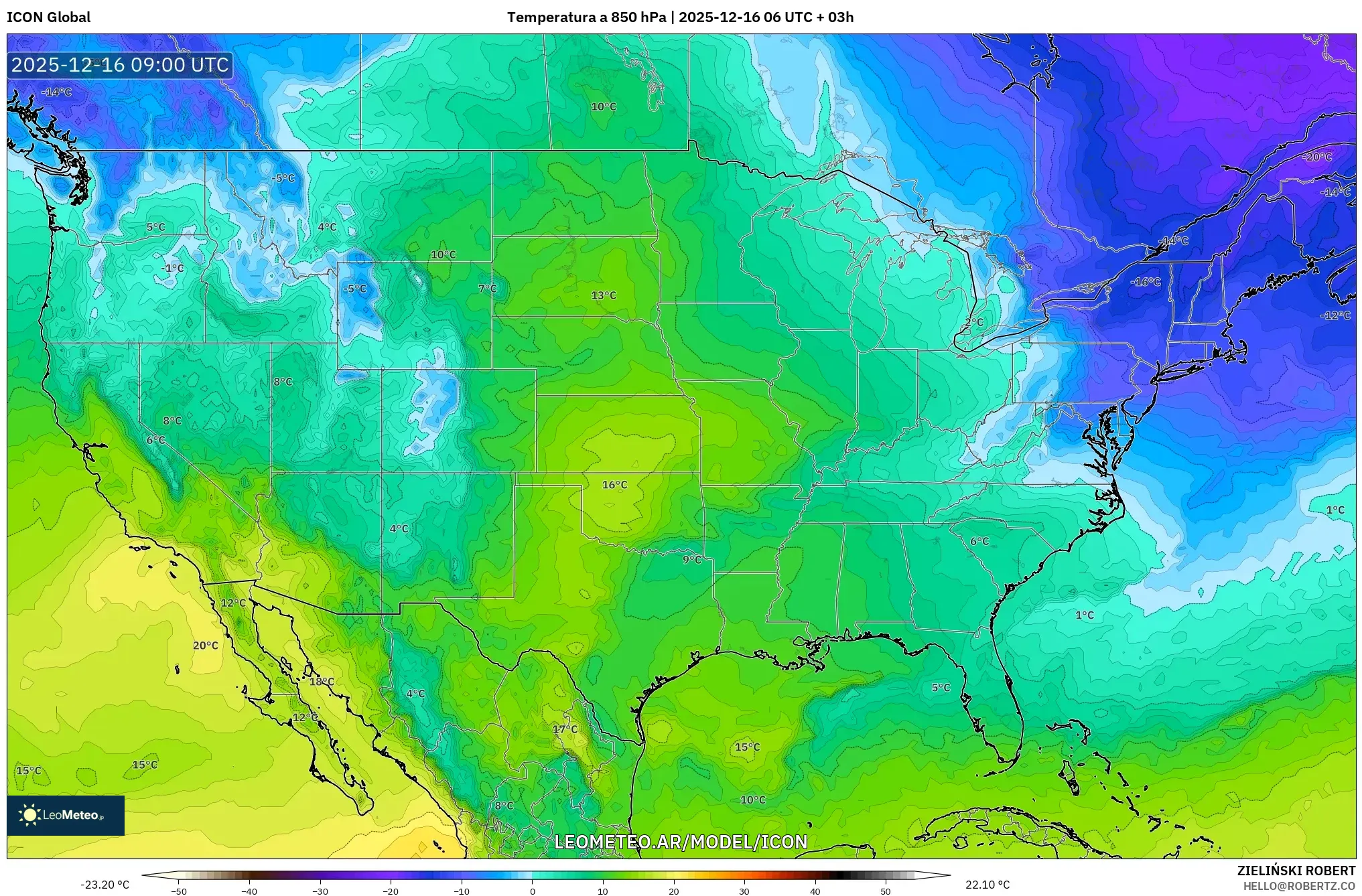 ICON model - Estados Unidos, Temperatura a 850 hPa