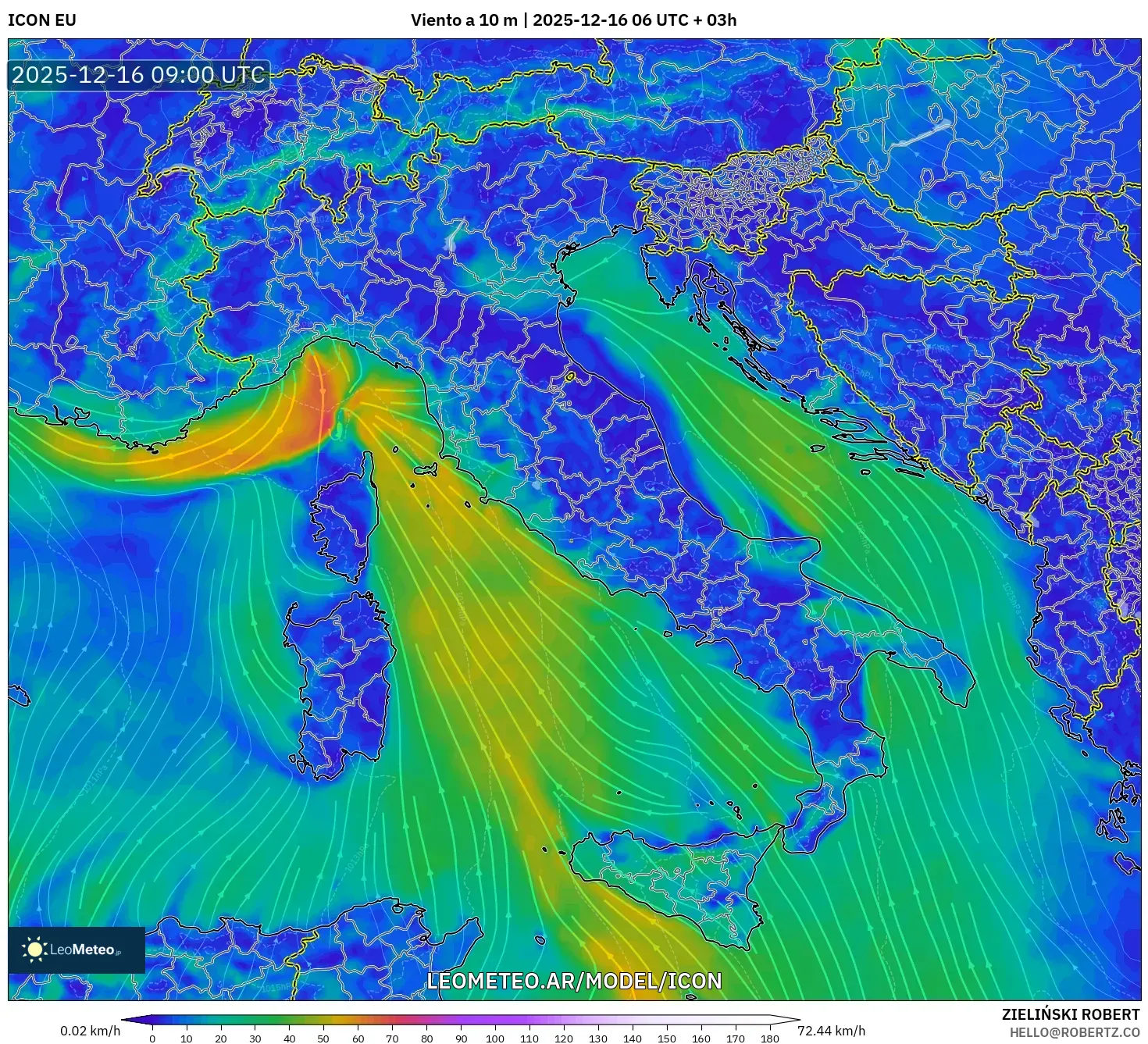 ICON model - Italia, Viento a 10 m