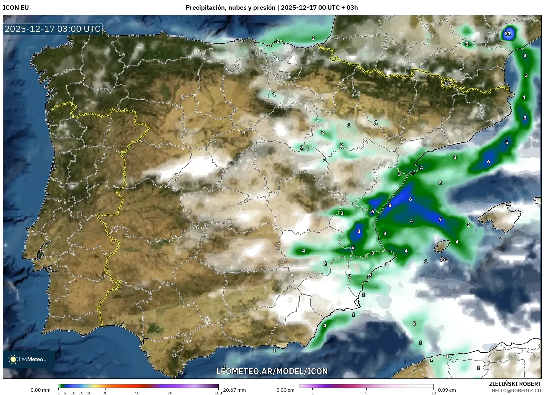 ICON model - España, Precipitación, nubes y presión