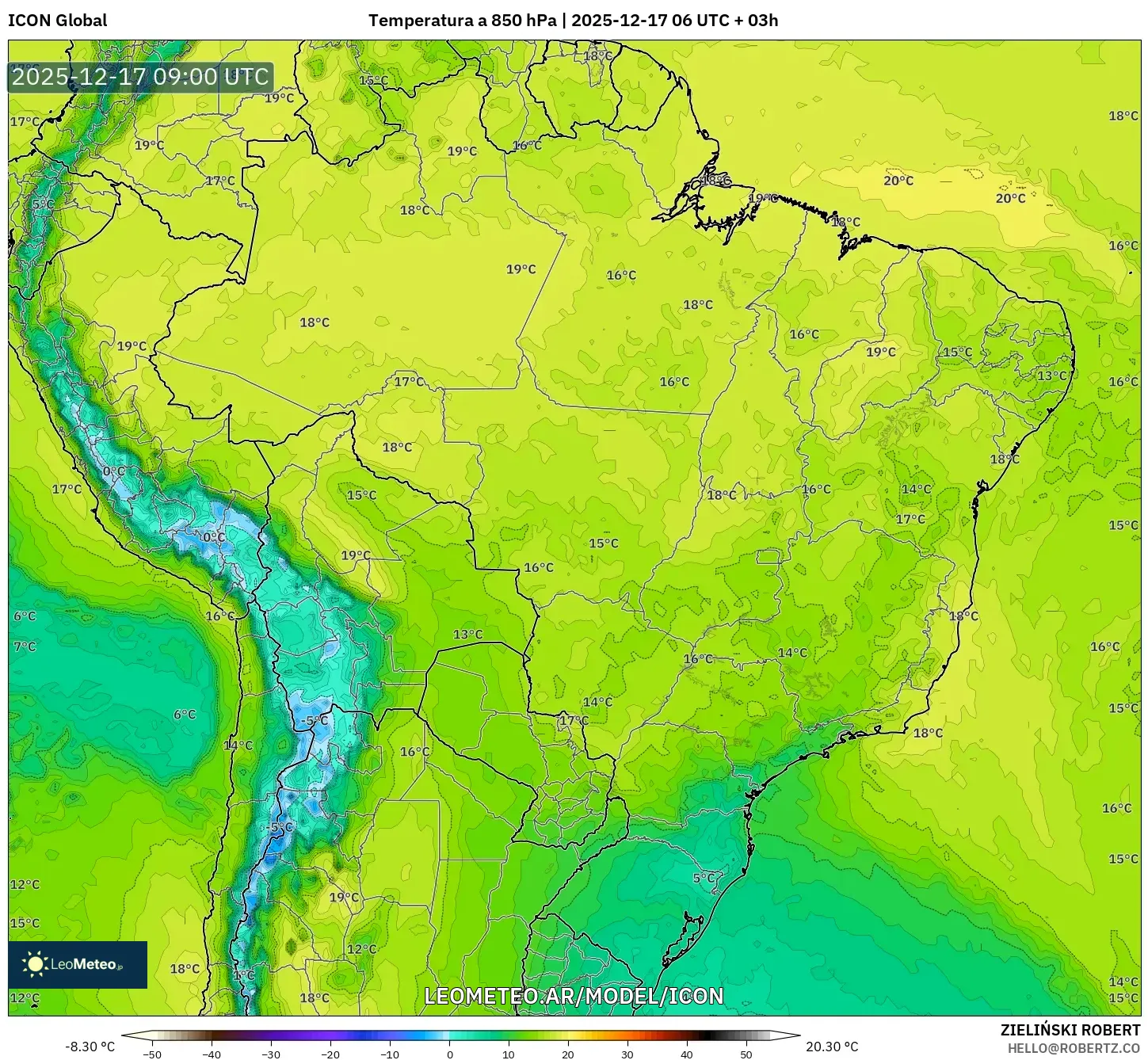 ICON model - Brasil, Temperatura a 850 hPa
