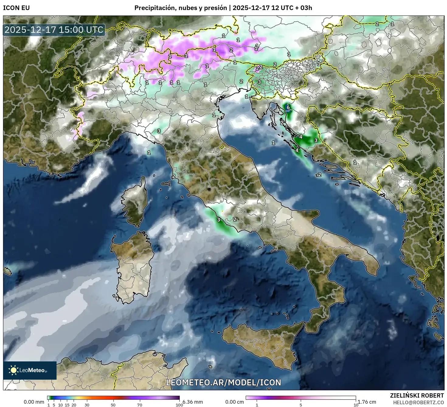 ICON model - Italia, Precipitación, nubes y presión