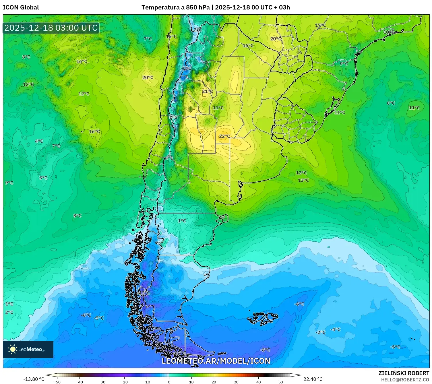 ICON model - Argentina, Temperatura a 850 hPa