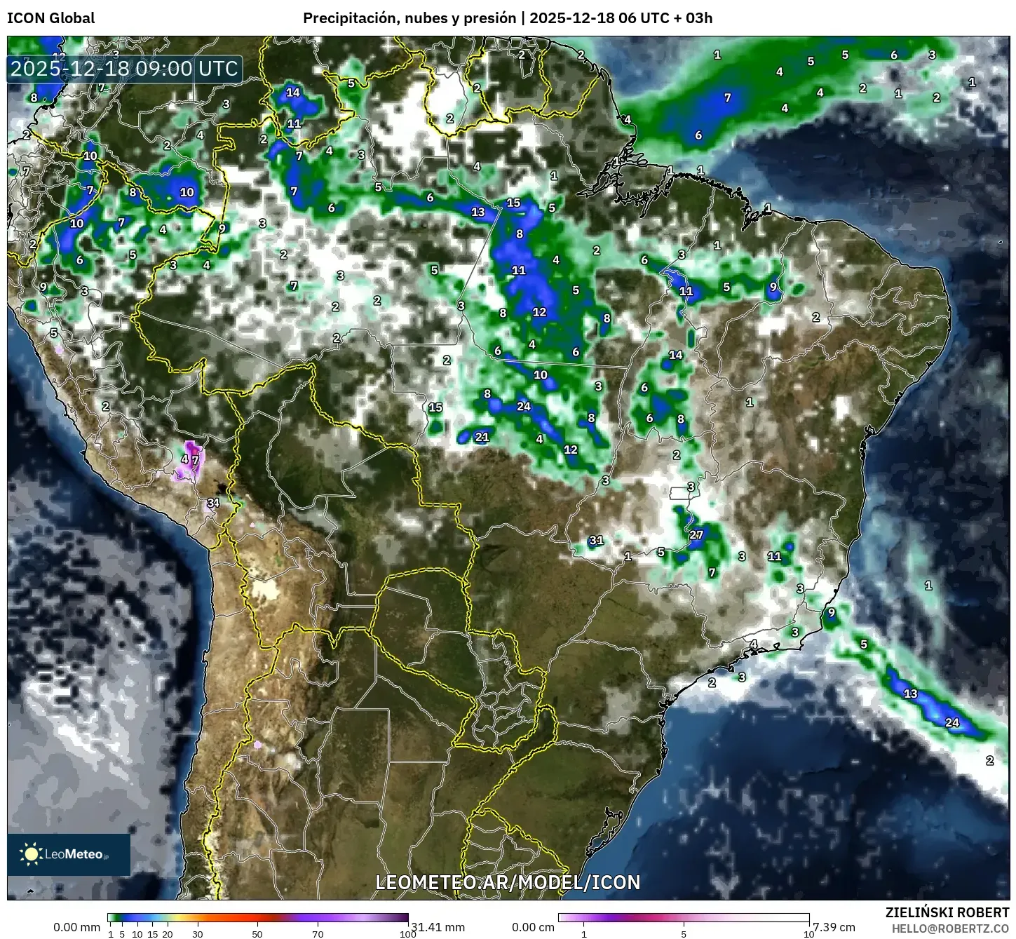 ICON model - Brasil, Precipitación, nubes y presión