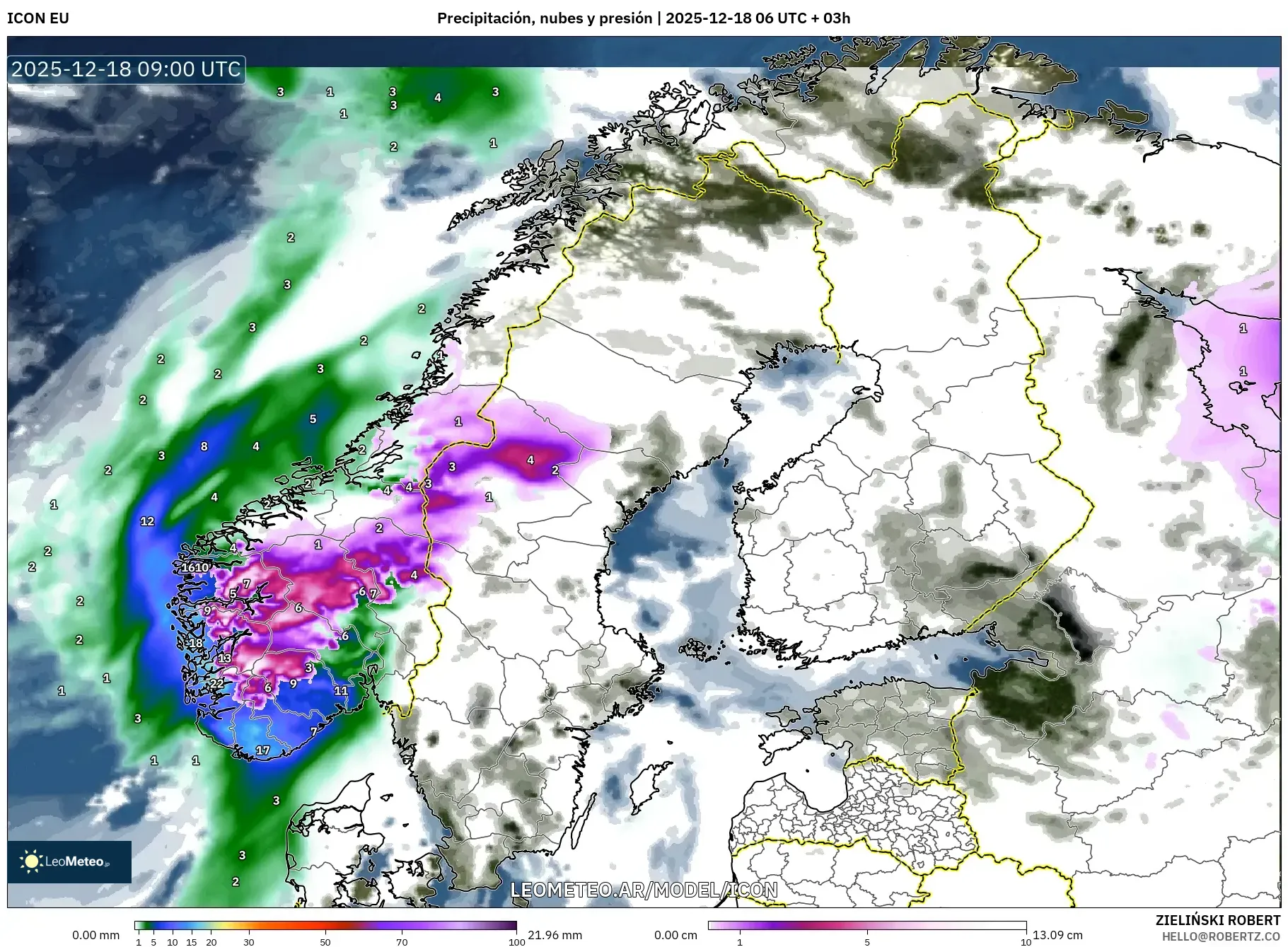 ICON model - Escandinavia, Precipitación, nubes y presión