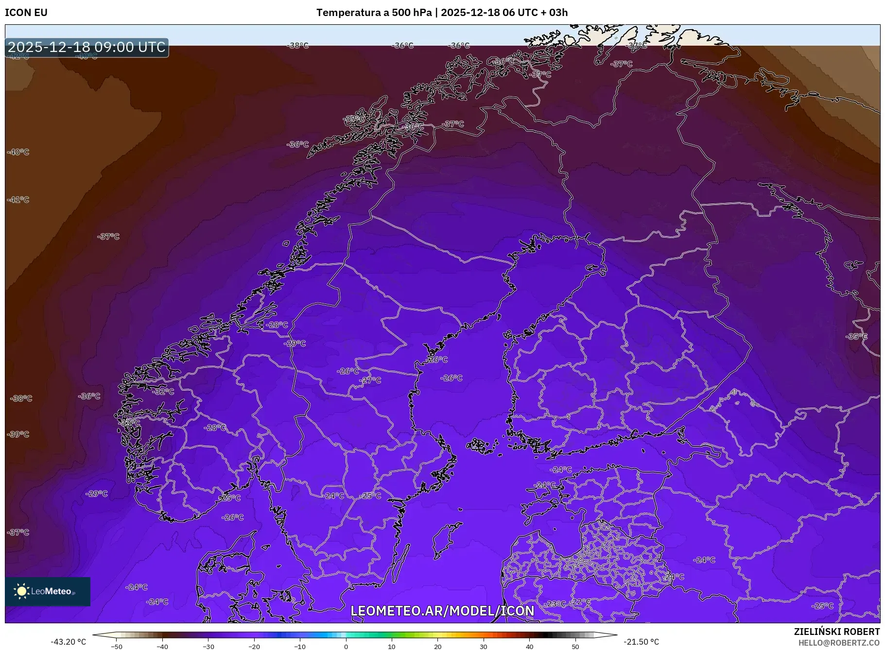 ICON model - Escandinavia, Temperatura a 500 hPa
