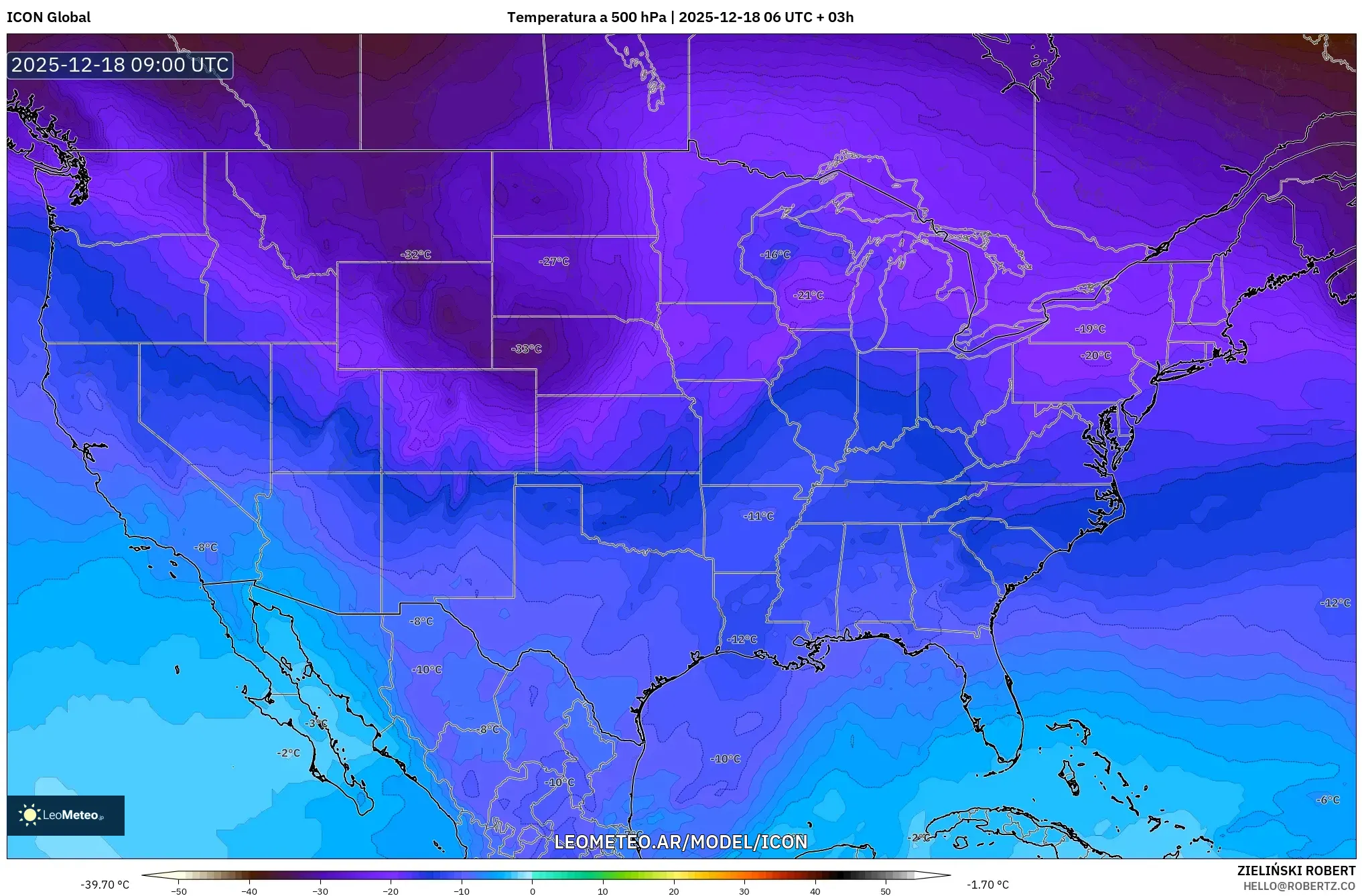 ICON model - Estados Unidos, Temperatura a 500 hPa