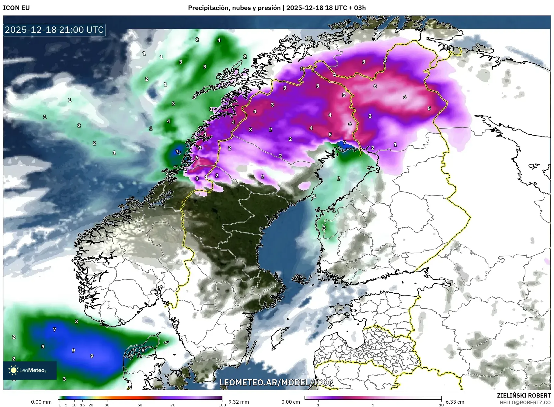 ICON model - Escandinavia, Precipitación, nubes y presión