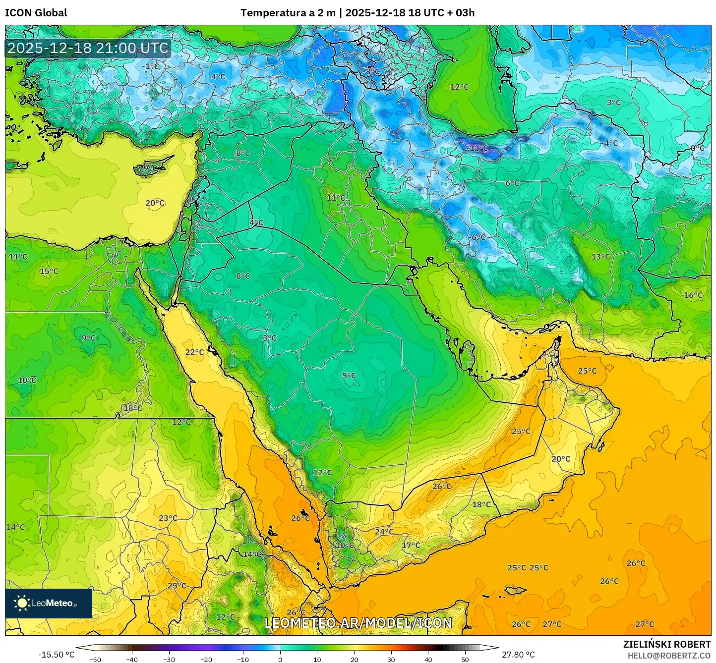 ICON model - Oriente Medio, Temperatura a 2 m