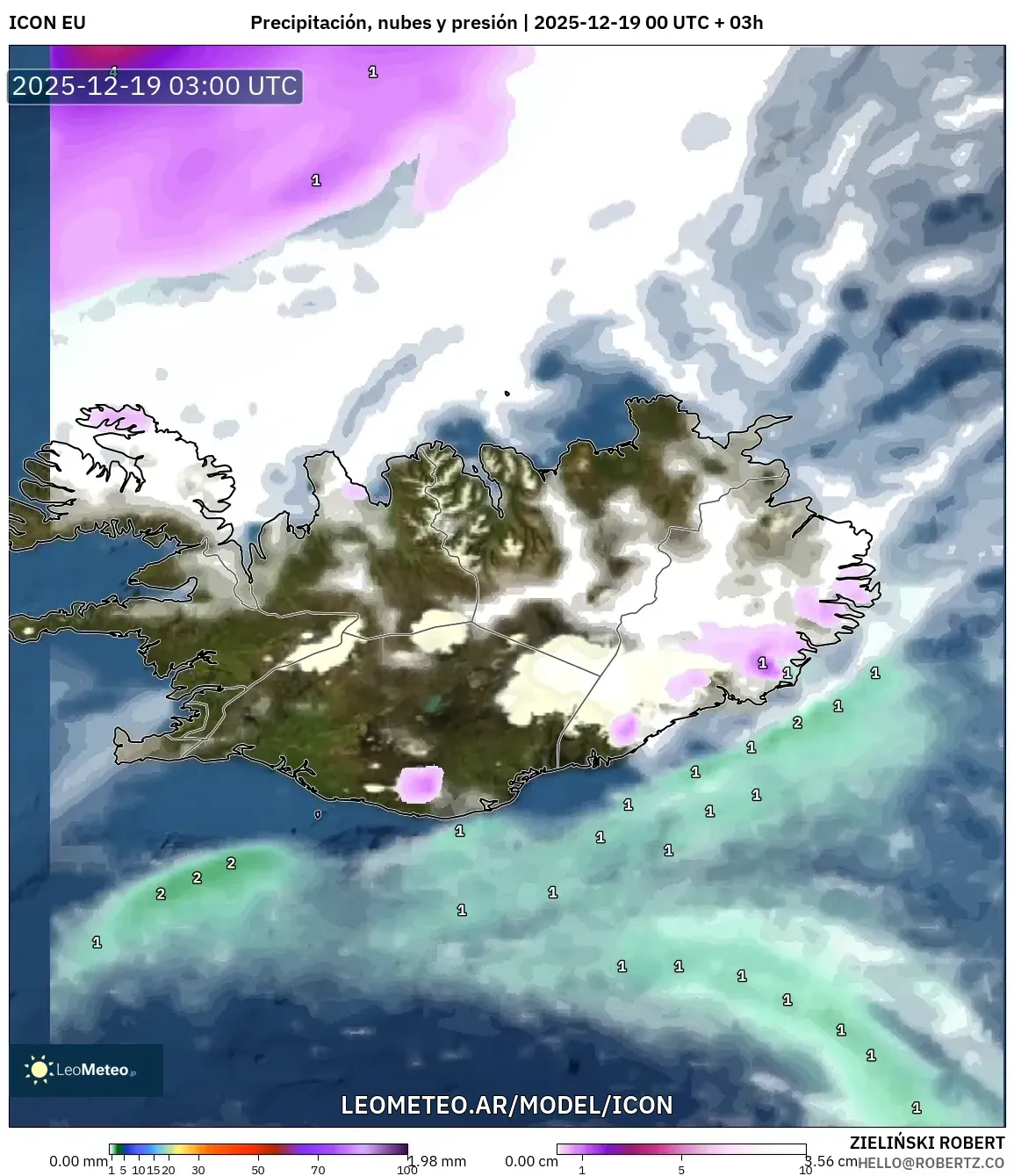 ICON model - Islandia, Precipitación, nubes y presión