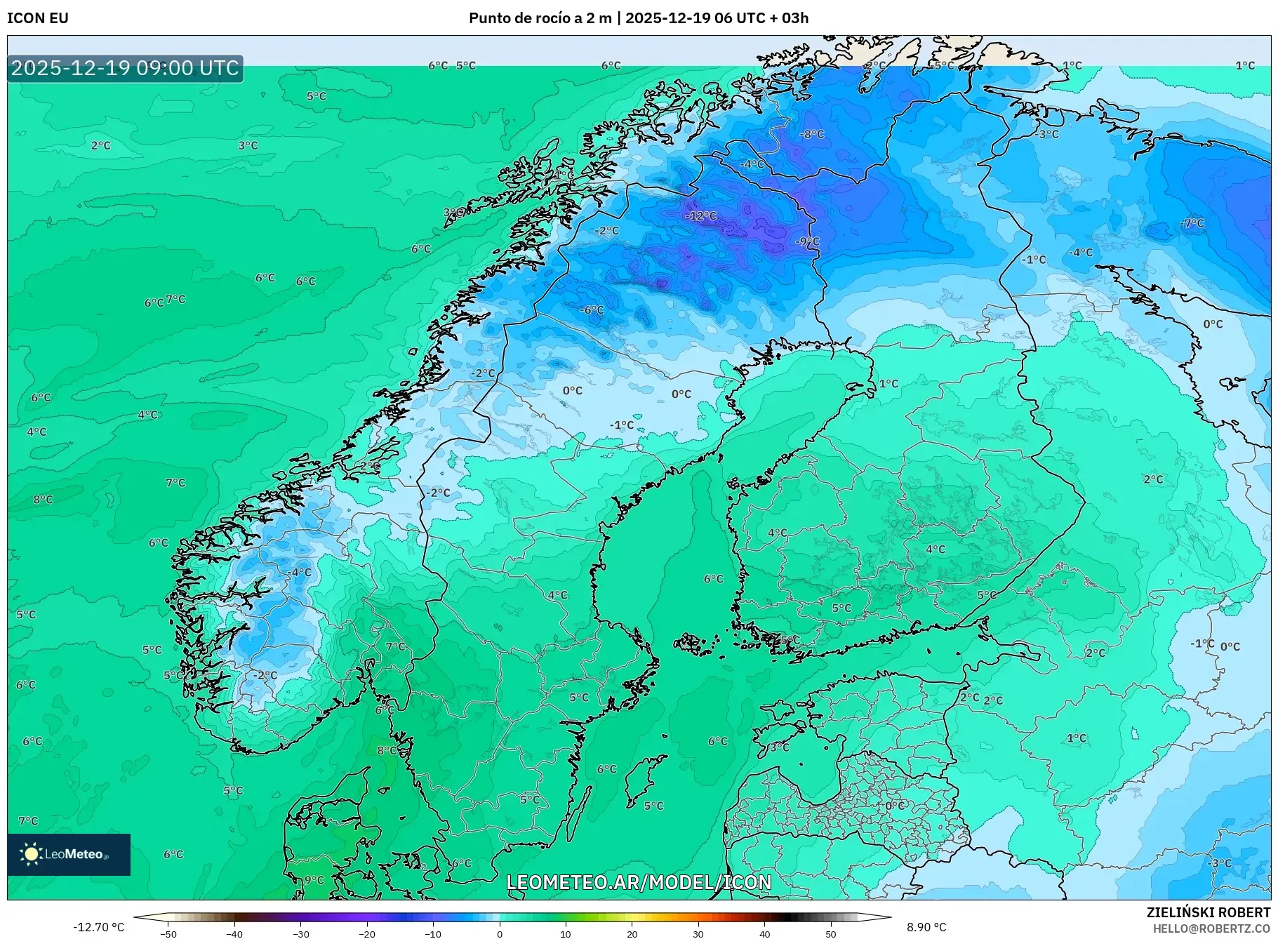 ICON model - Escandinavia, Punto de rocío a 2 m