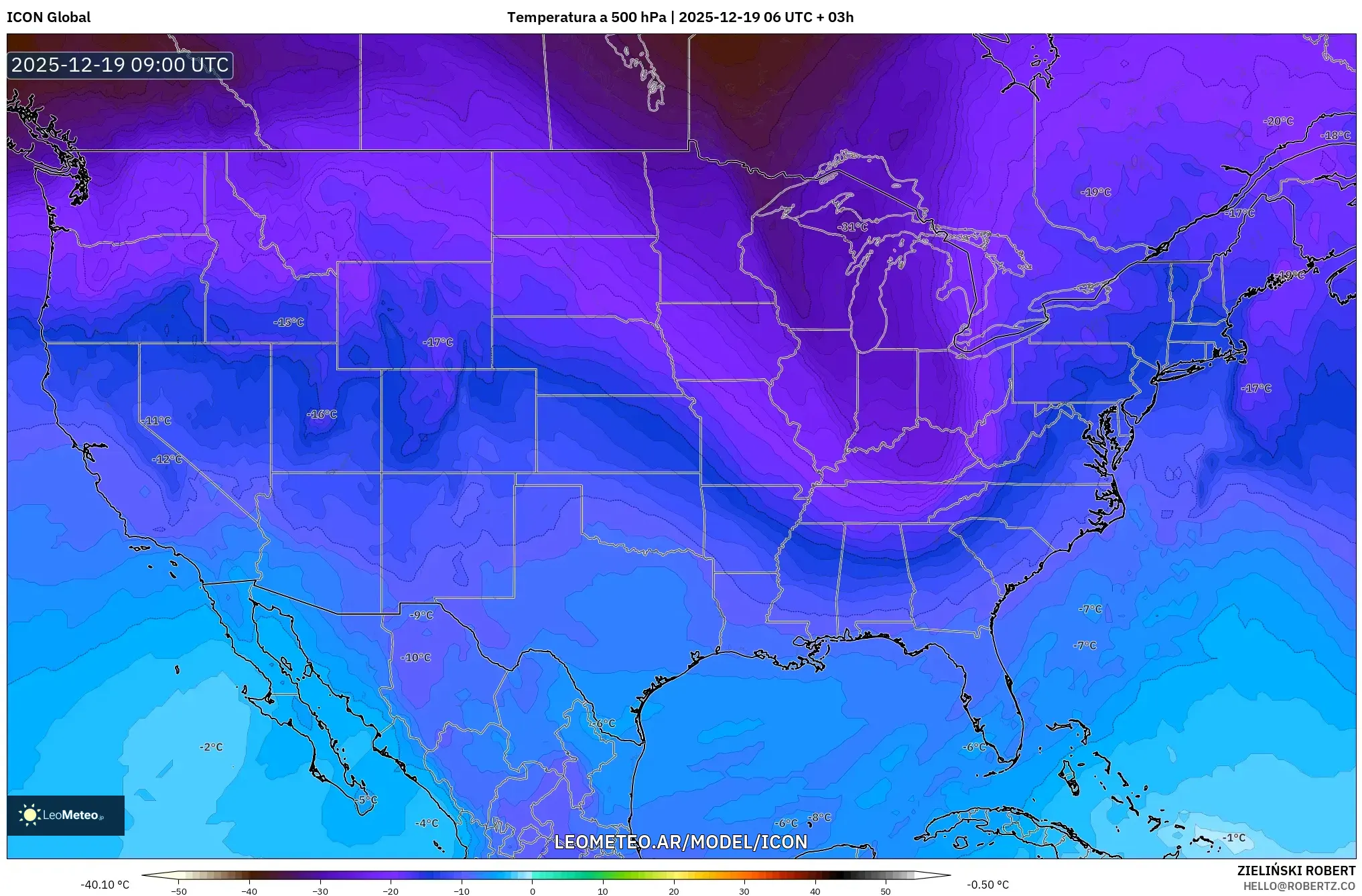 ICON model - Estados Unidos, Temperatura a 500 hPa