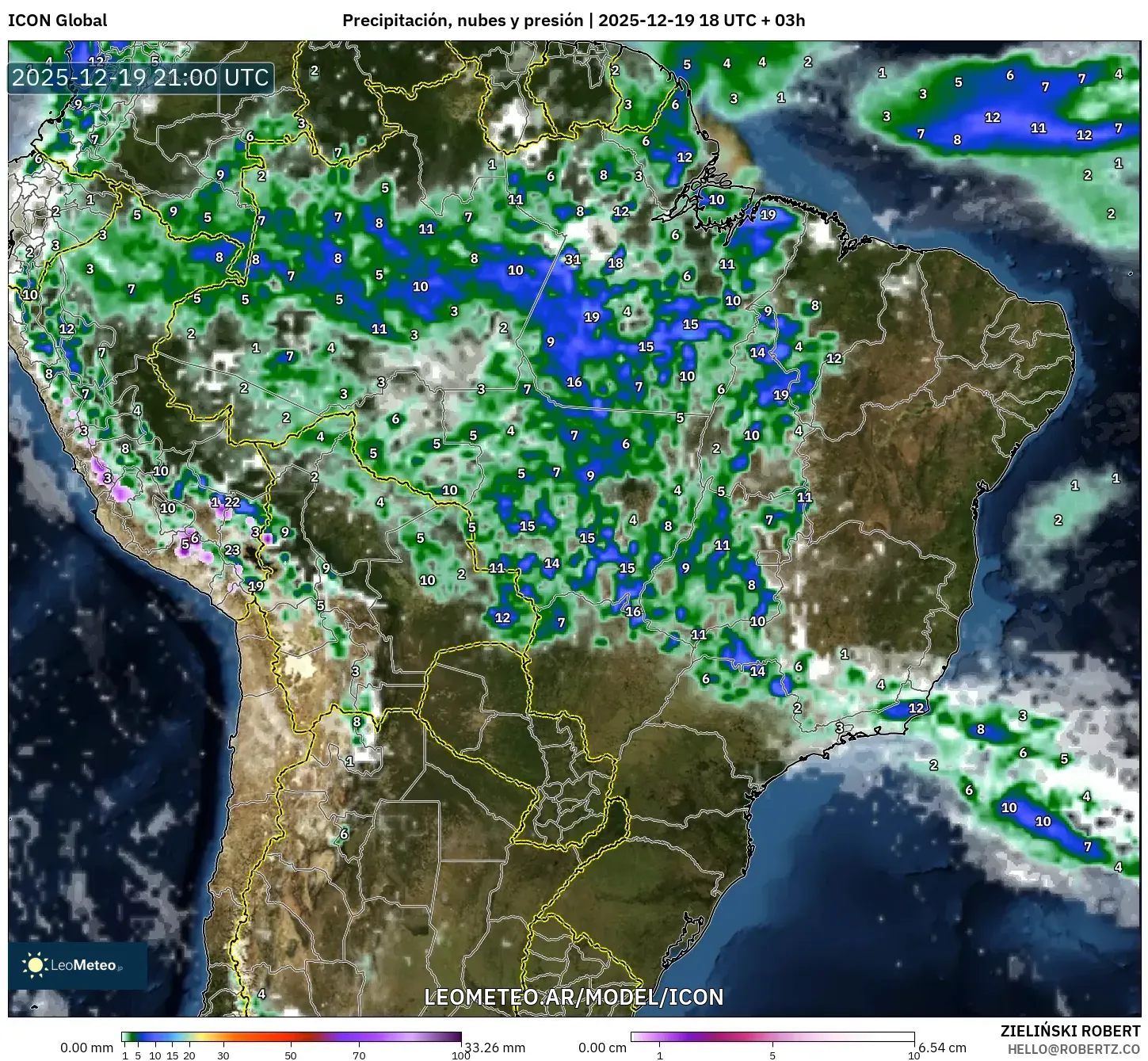 ICON model - Brasil, Precipitación, nubes y presión