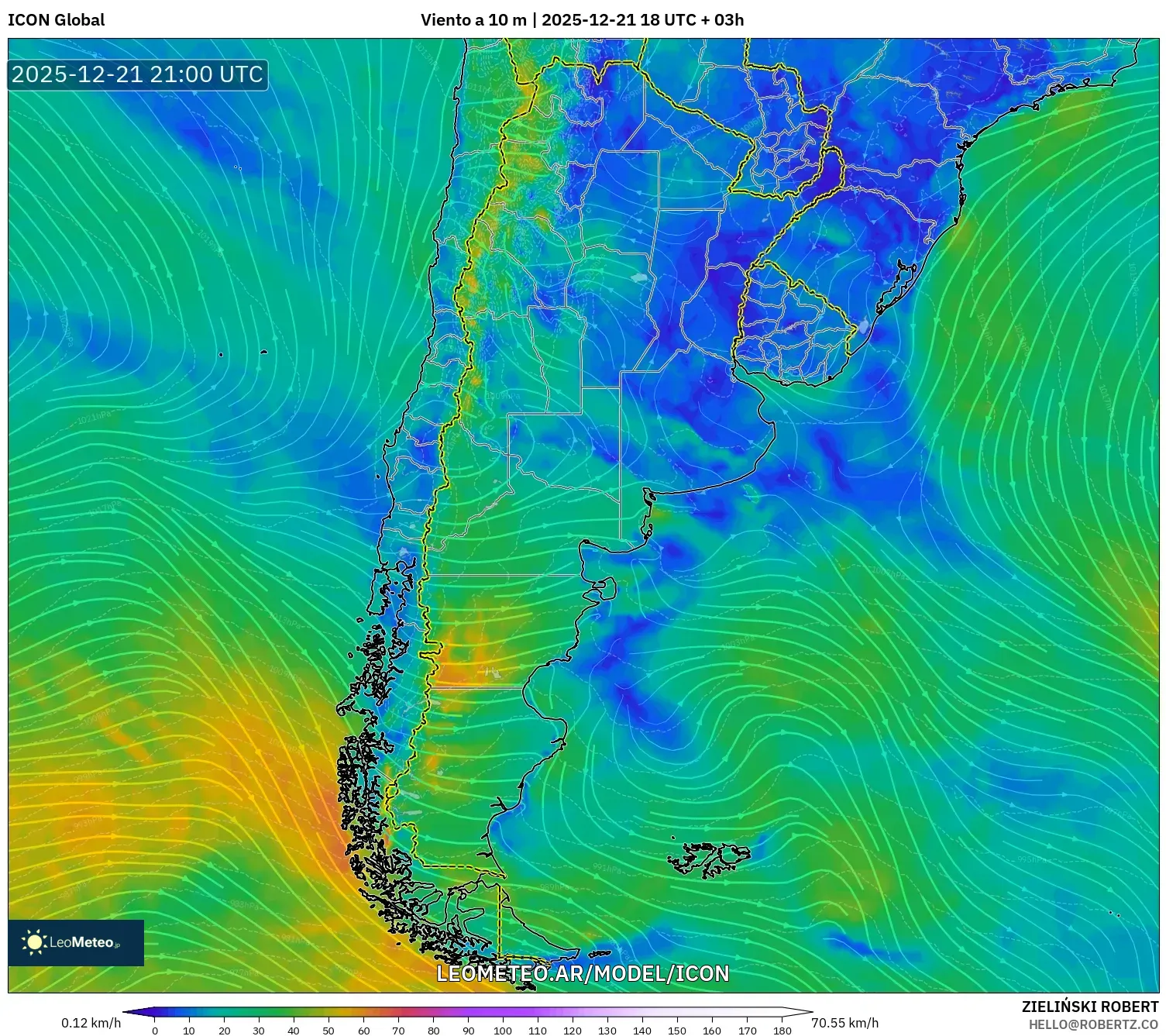 ICON model - Argentina, Viento a 10 m