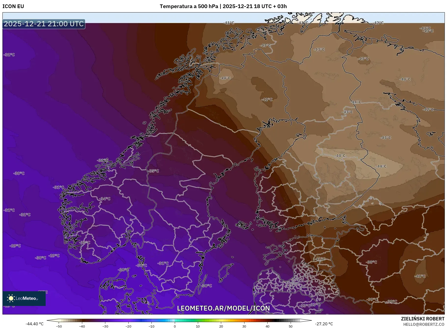 ICON model - Escandinavia, Temperatura a 500 hPa