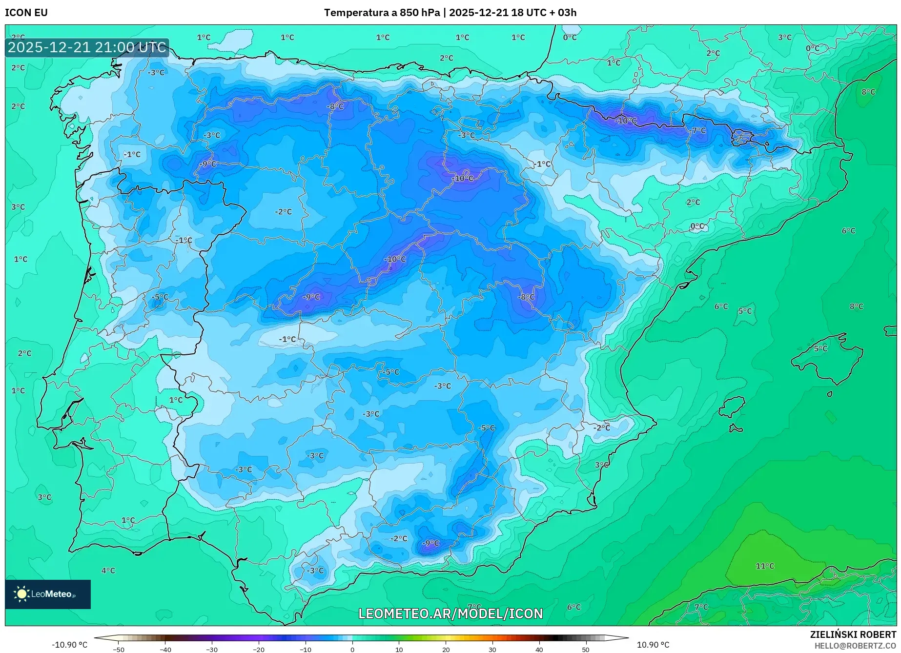 ICON model - España, Temperatura a 850 hPa