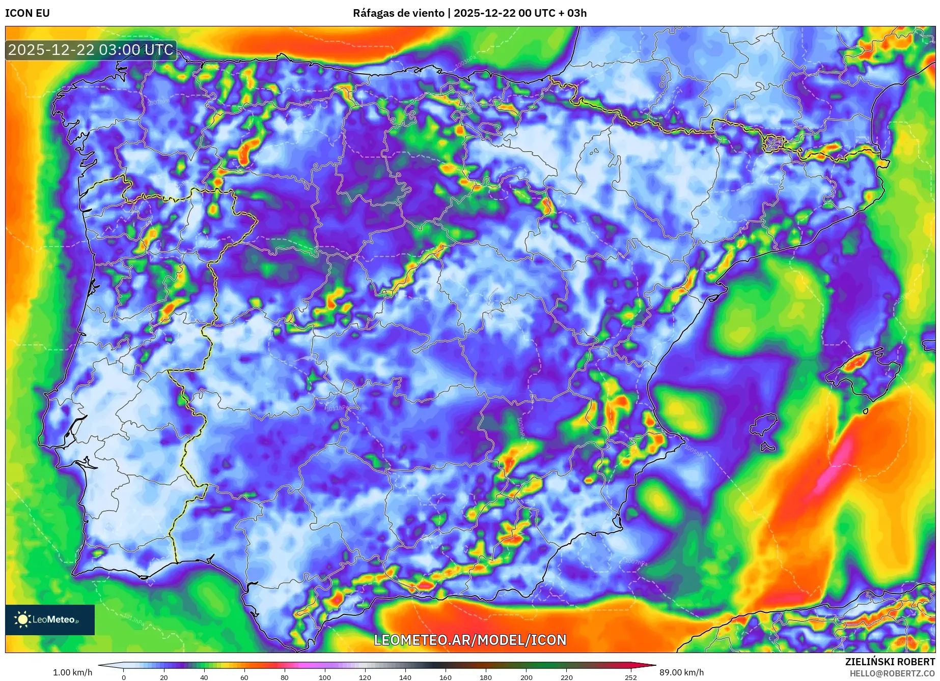 ICON model - España, Ráfagas de viento