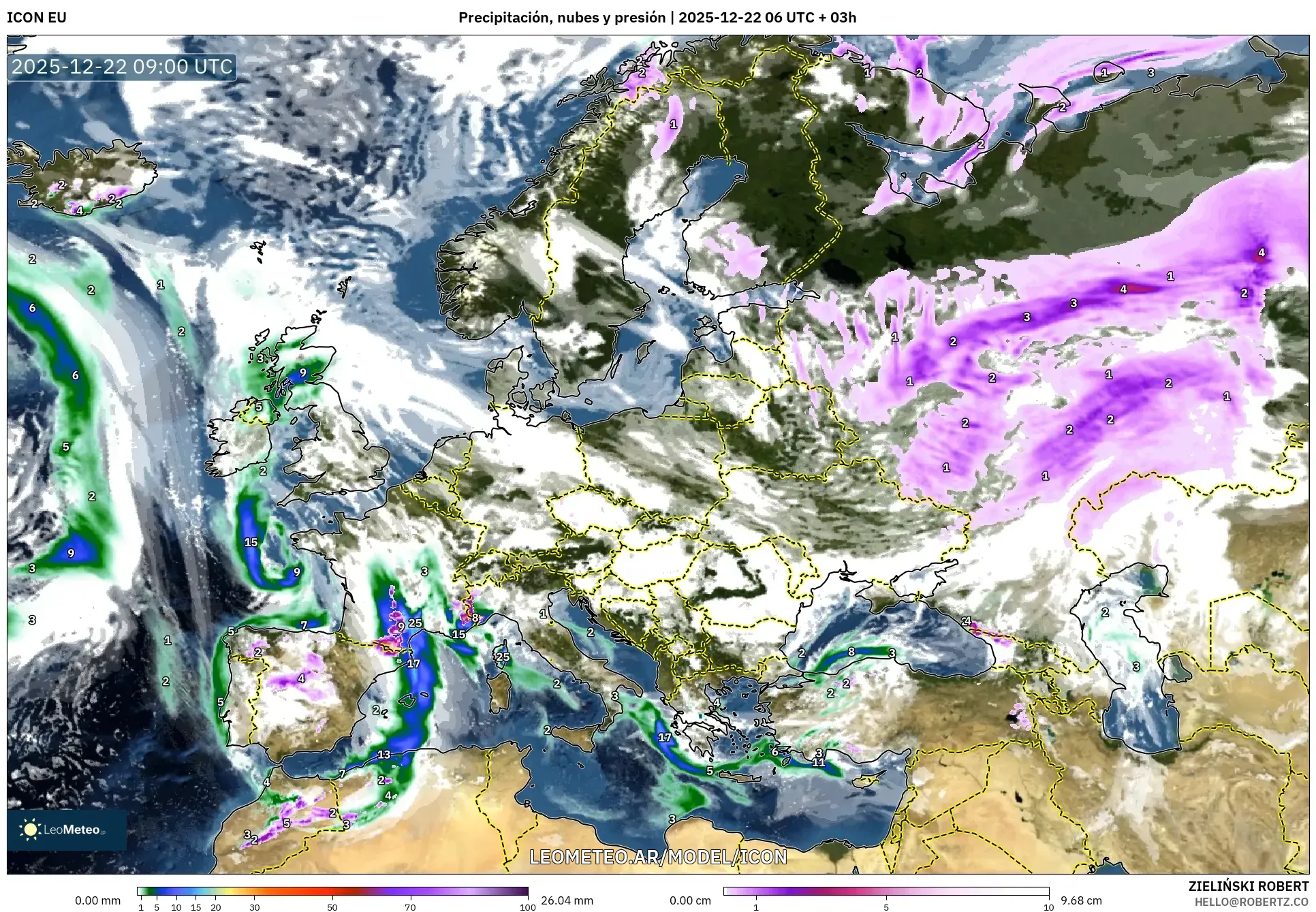 ICON model - Europa, Precipitación, nubes y presión