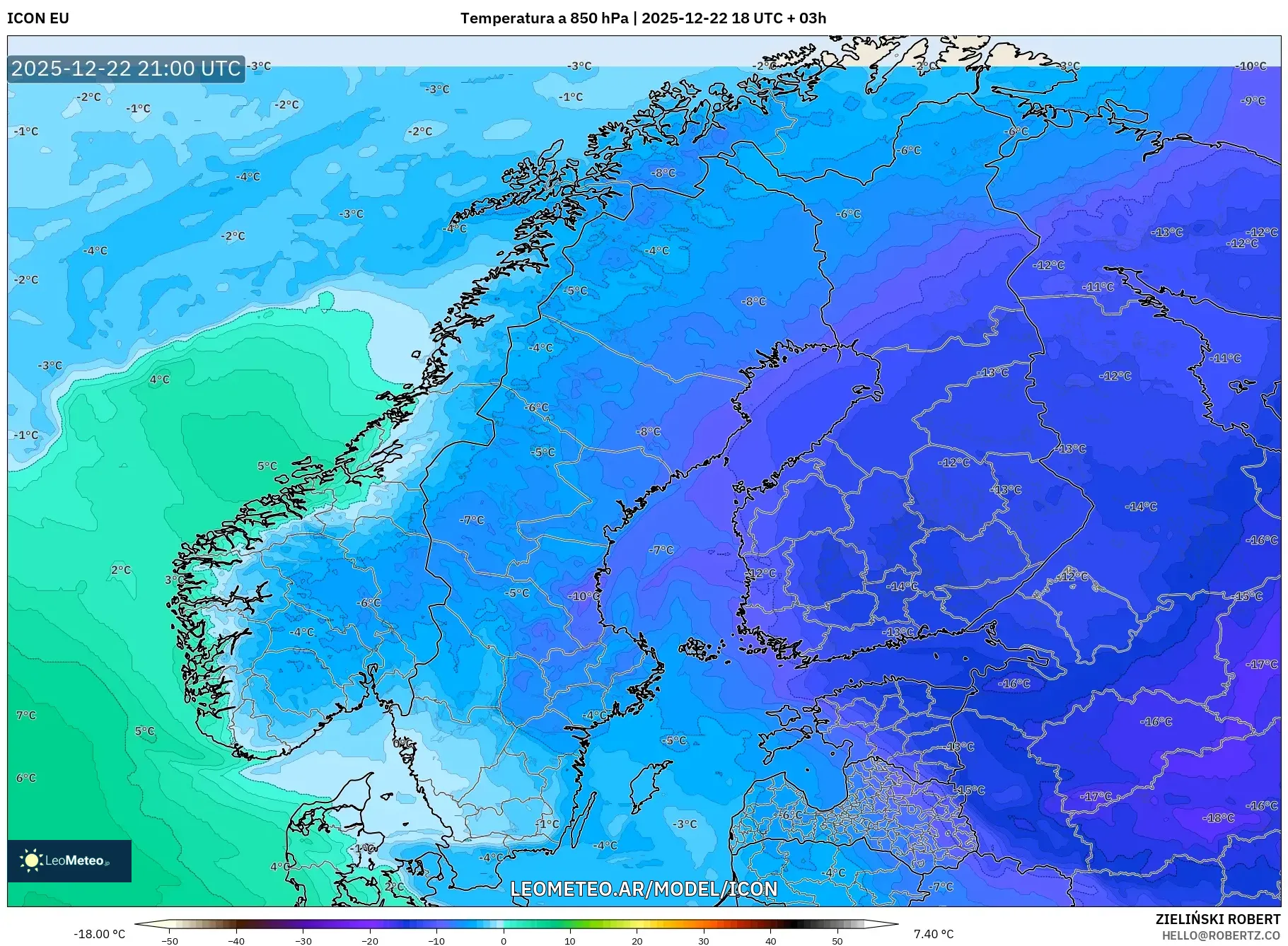 ICON model - Escandinavia, Temperatura a 850 hPa