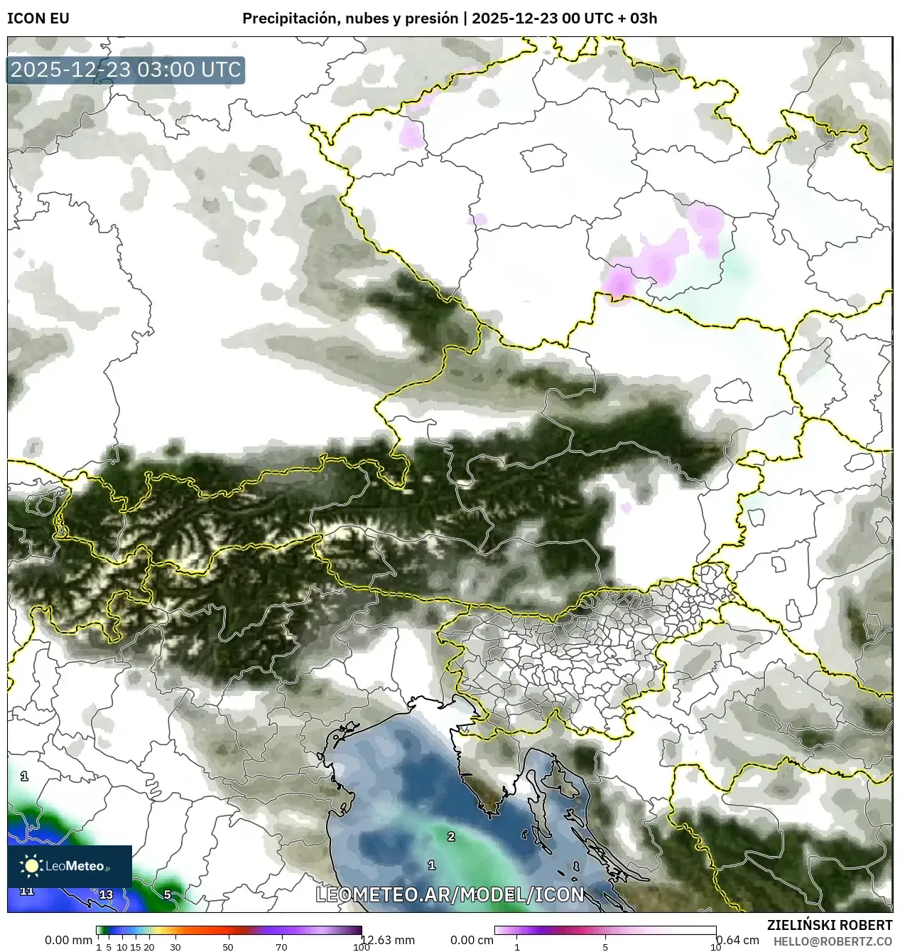 ICON model - Austria, Precipitación, nubes y presión