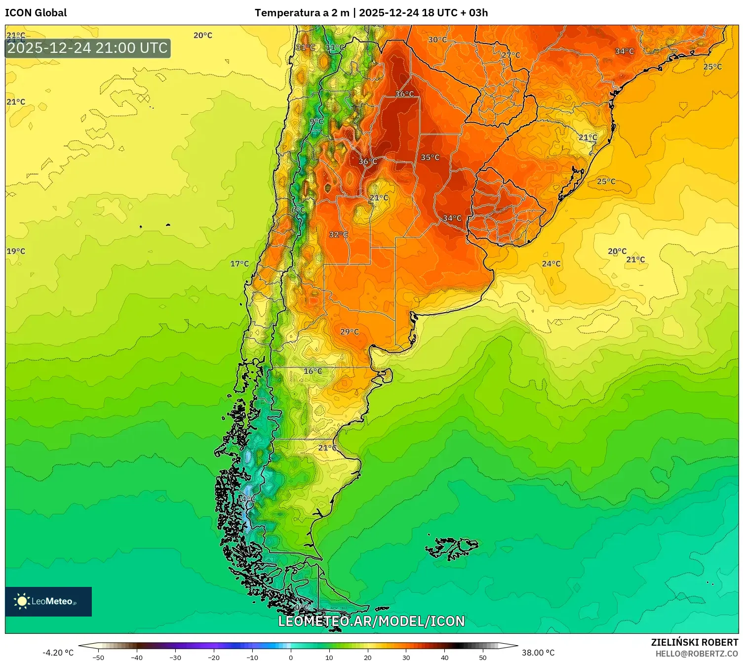 ICON model - Argentyna, Temperatura na 2 m