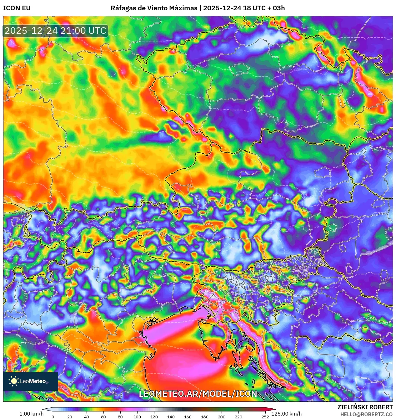 ICON model - Austria, Maksymalne Porywy Wiatru