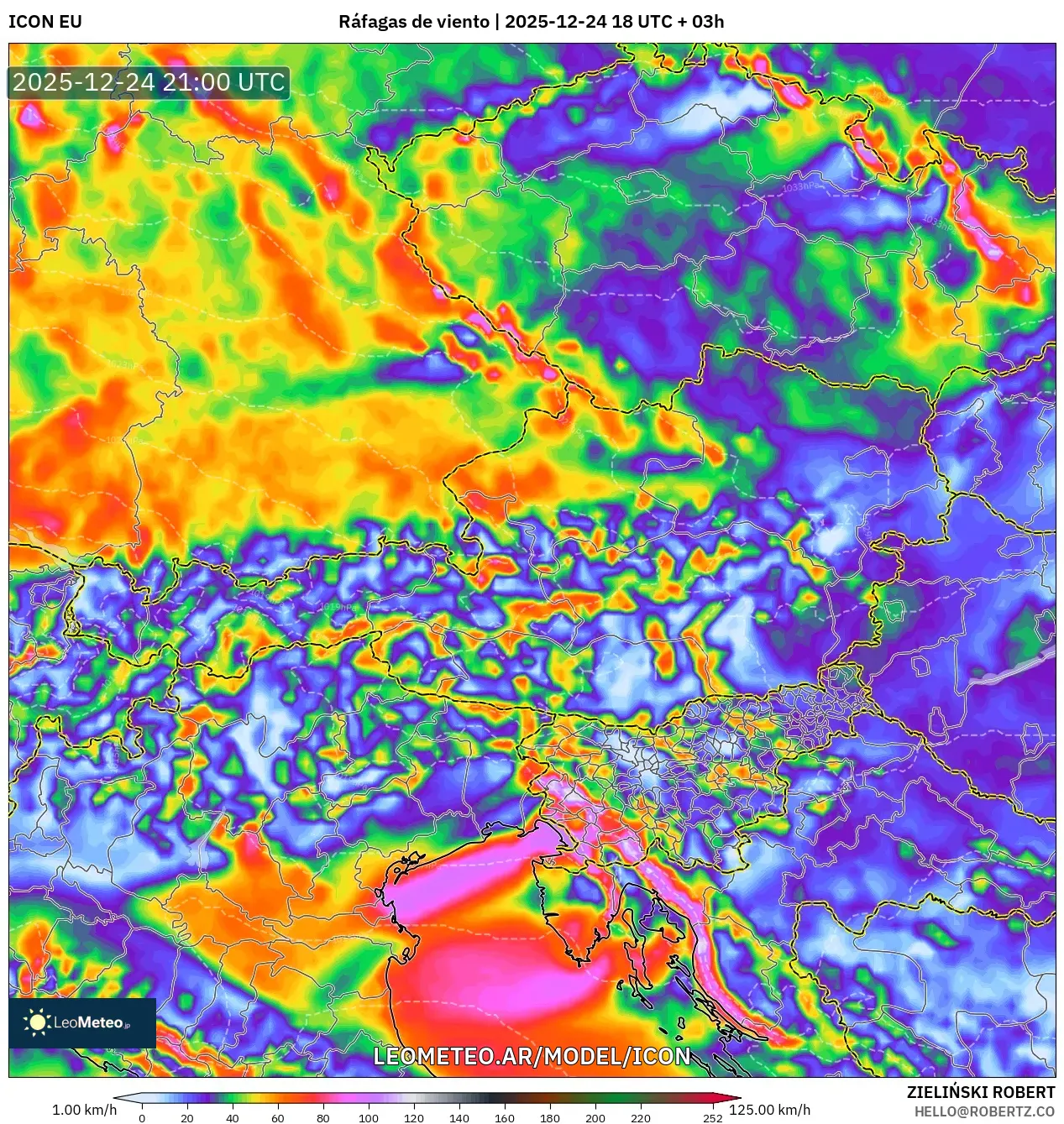 ICON model - Austria, Porywy wiatru
