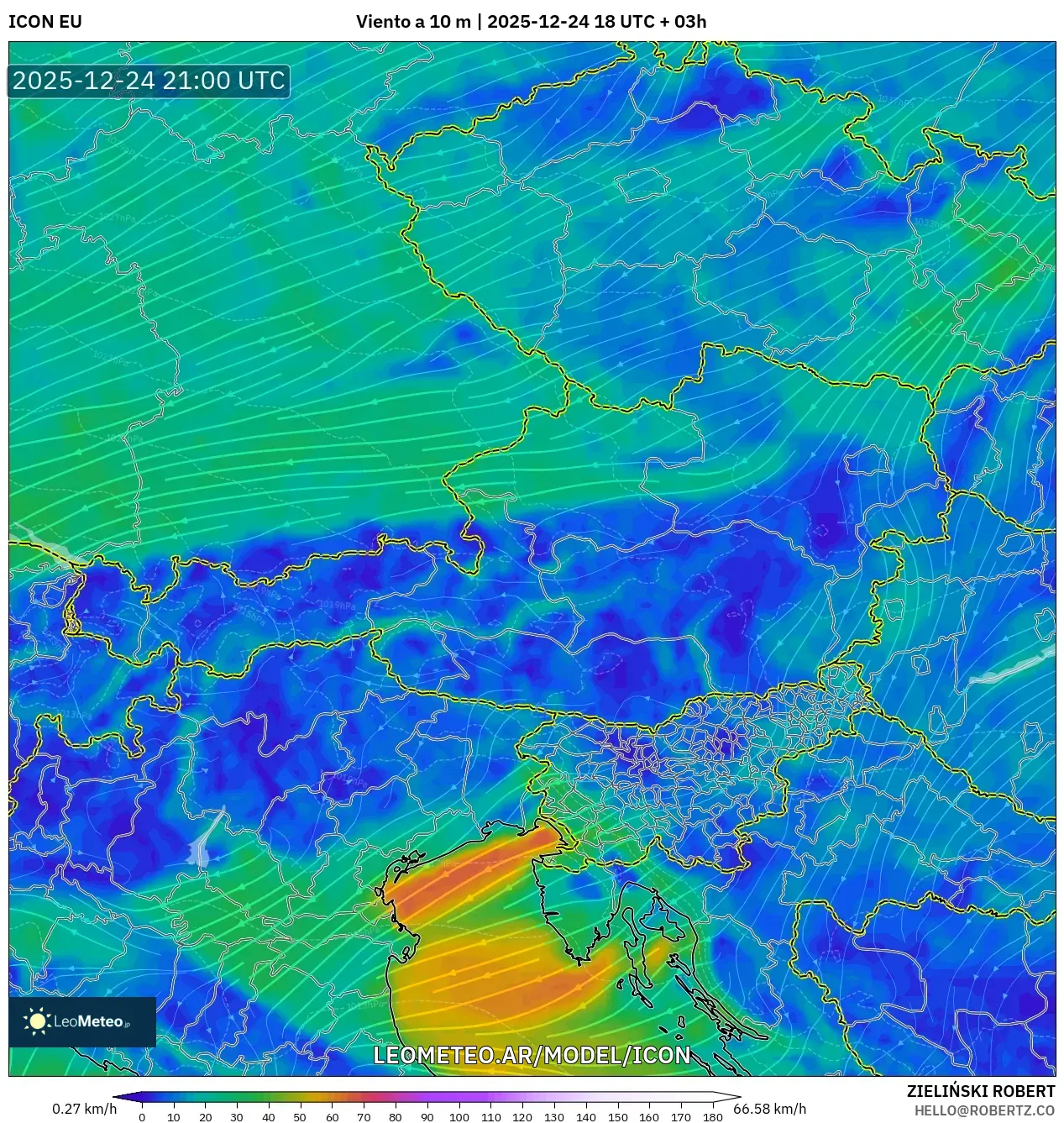 ICON model - Austria, Wiatr na 10 m