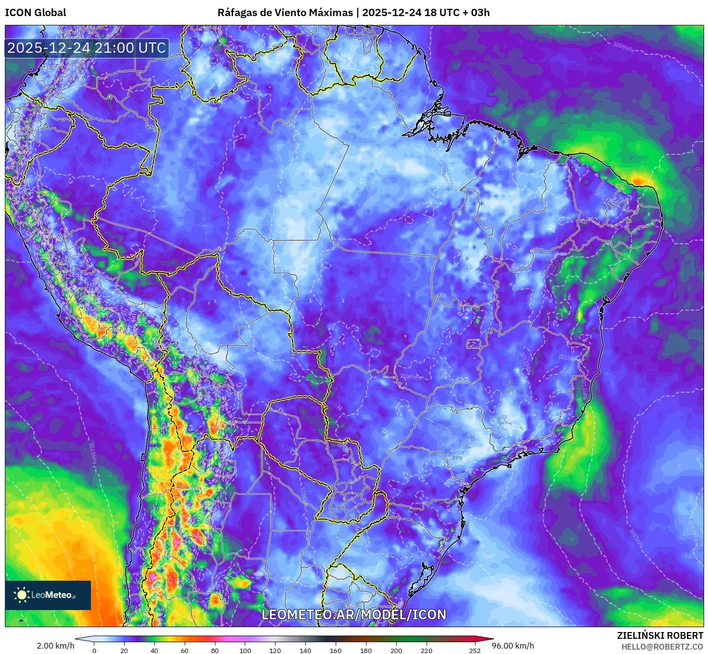 ICON model - Brazylia, Maksymalne Porywy Wiatru