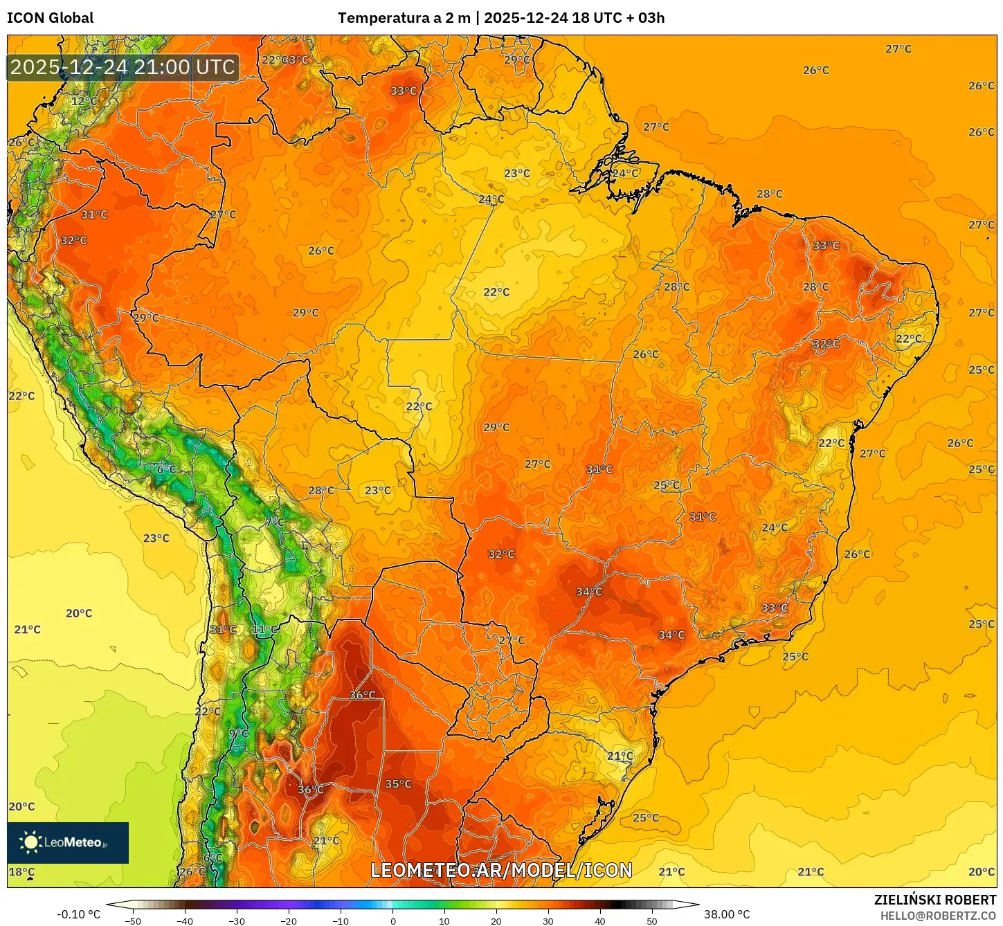ICON model - Brazylia, Temperatura na 2 m