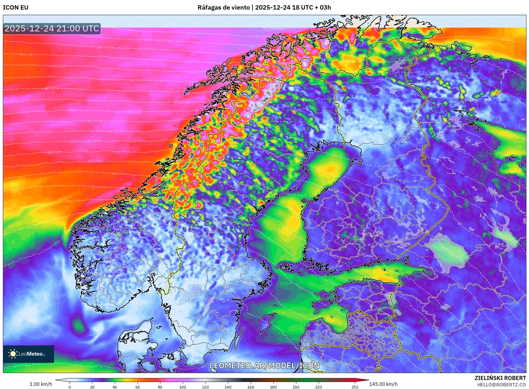 ICON model - Skandynawia, Porywy wiatru