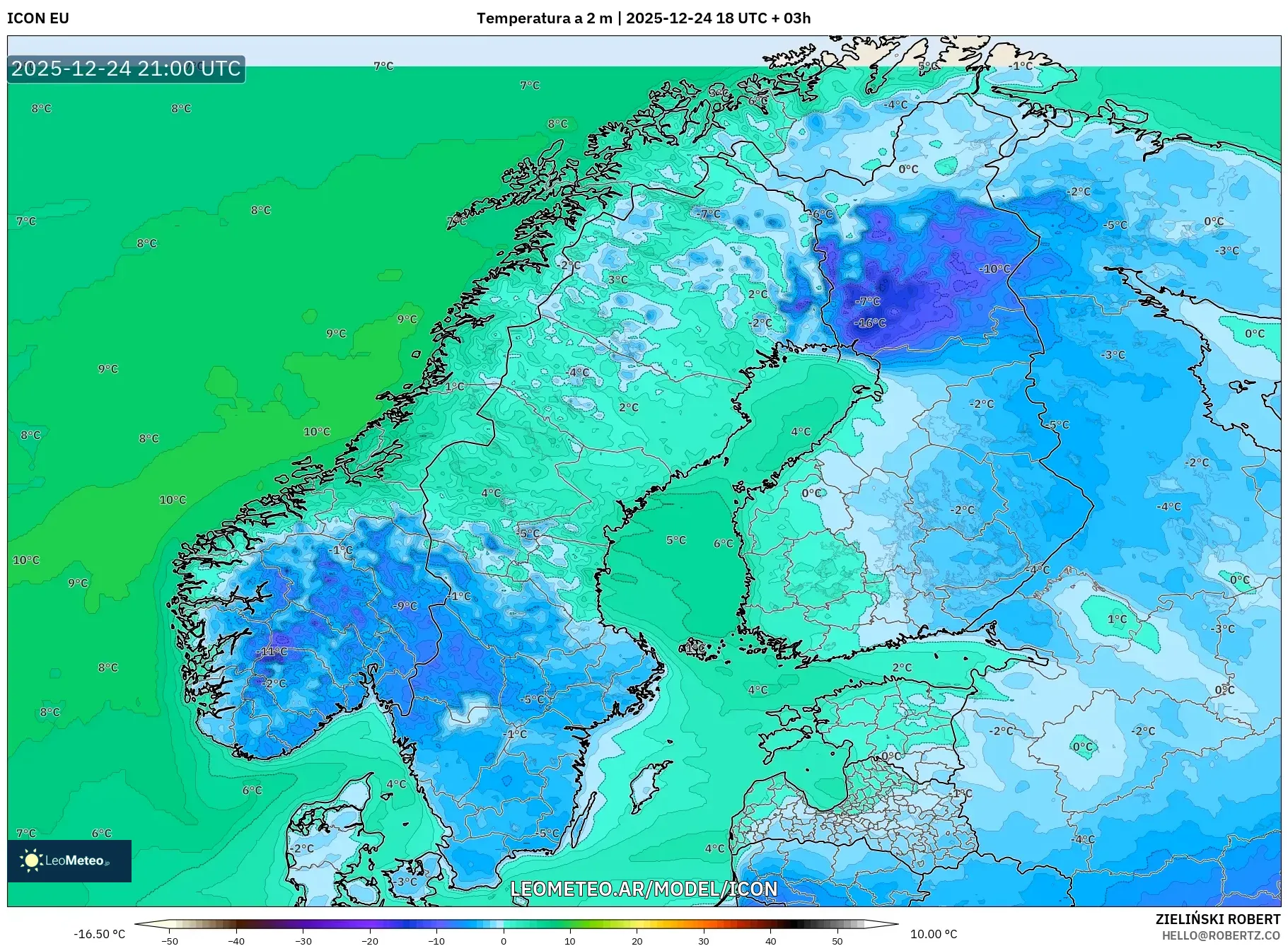 ICON model - Skandynawia, Temperatura na 2 m