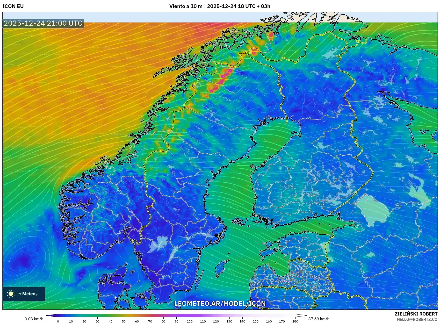 ICON model - Skandynawia, Wiatr na 10 m