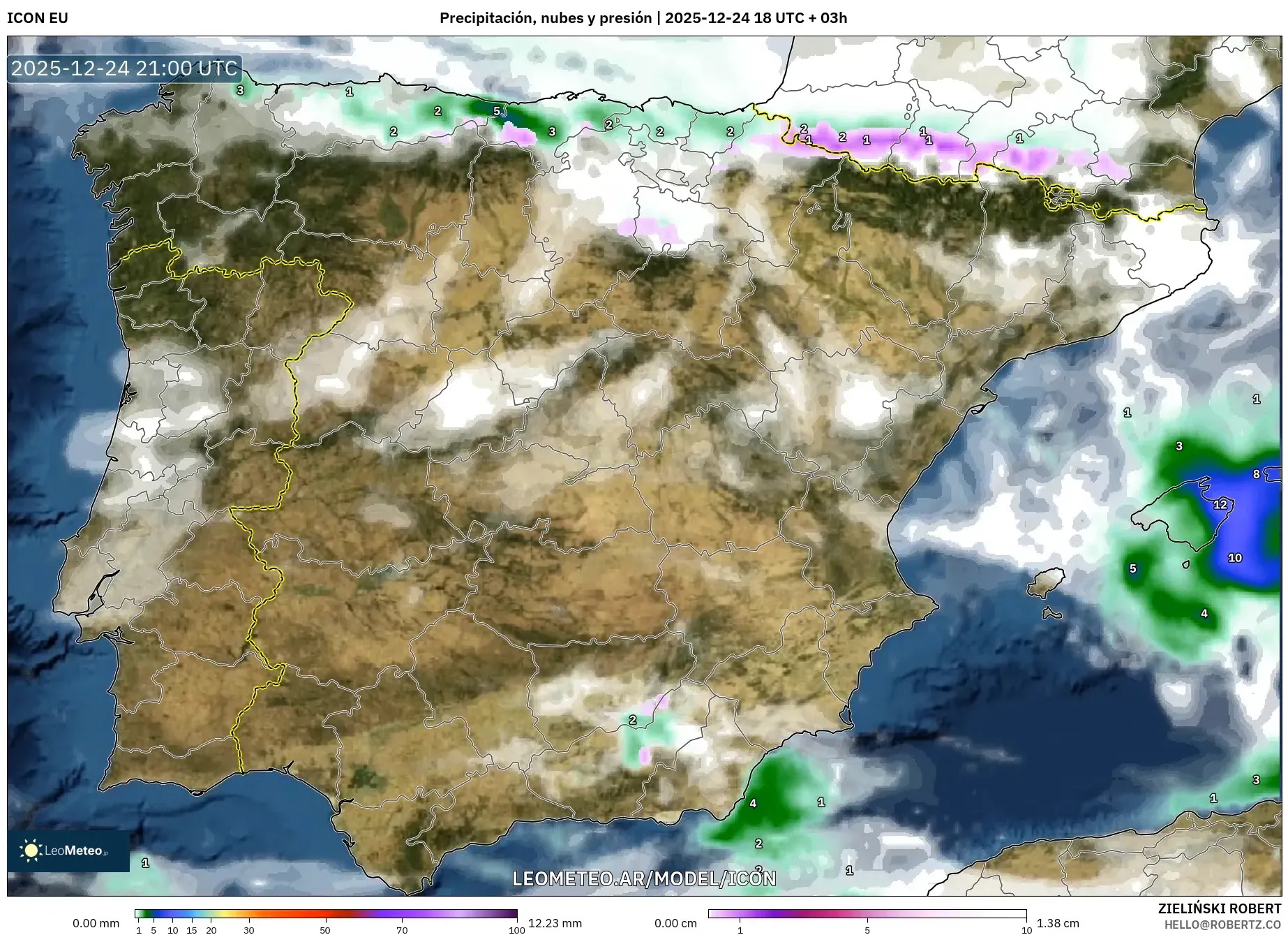 ICON model - Hiszpania, Opady, chmury i ciśnienie