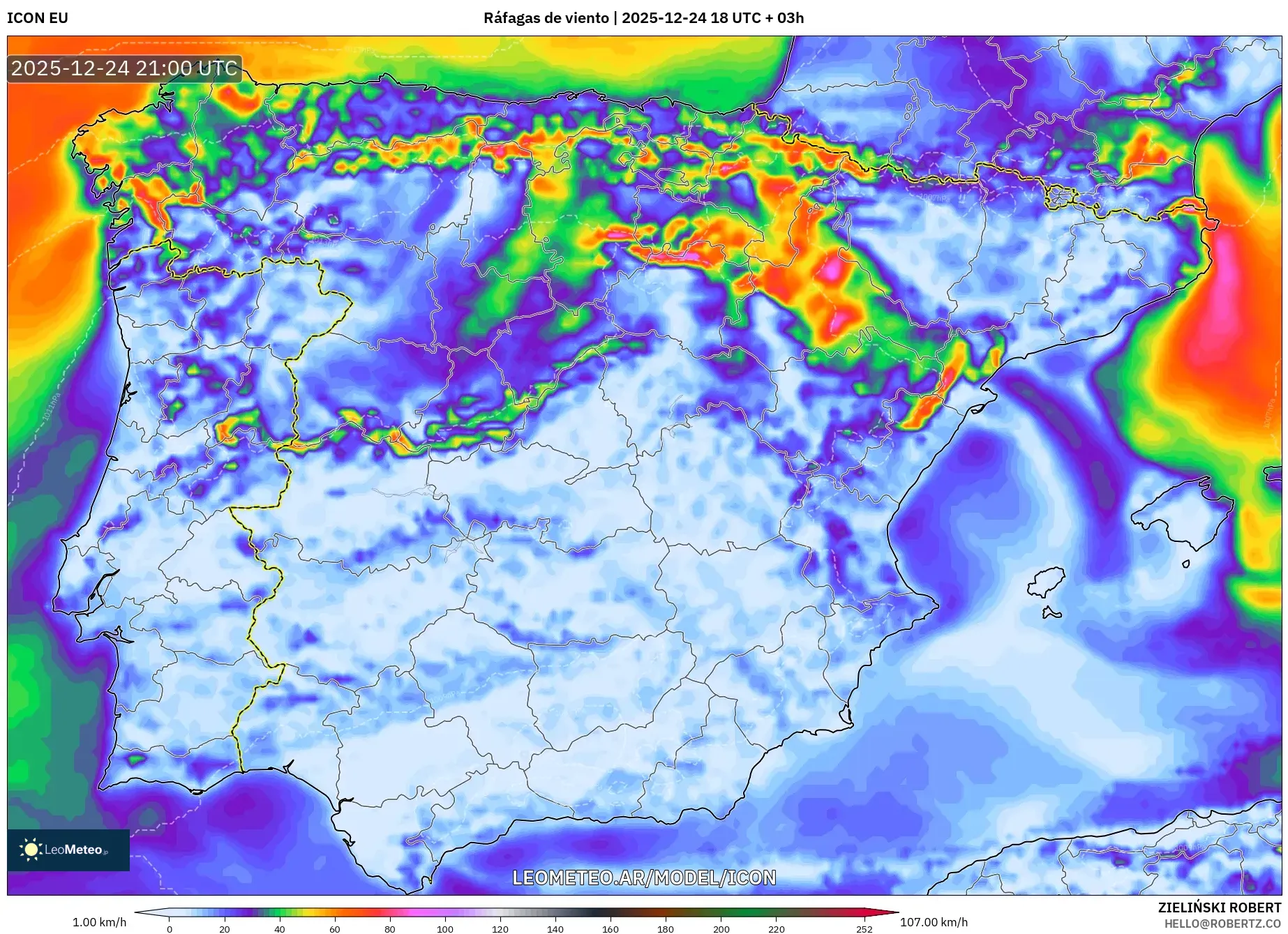 ICON model - Hiszpania, Porywy wiatru
