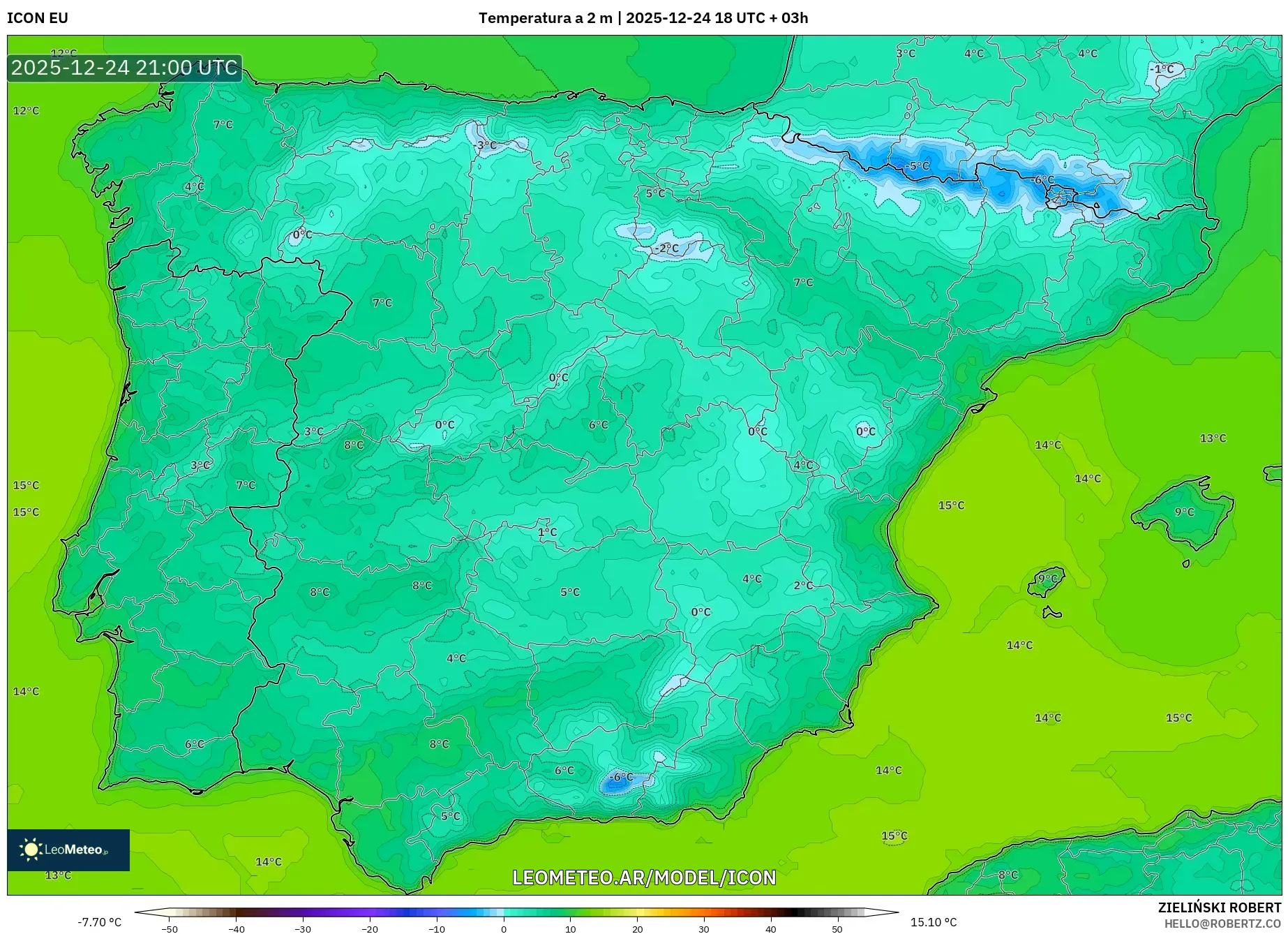 ICON model - Hiszpania, Temperatura na 2 m