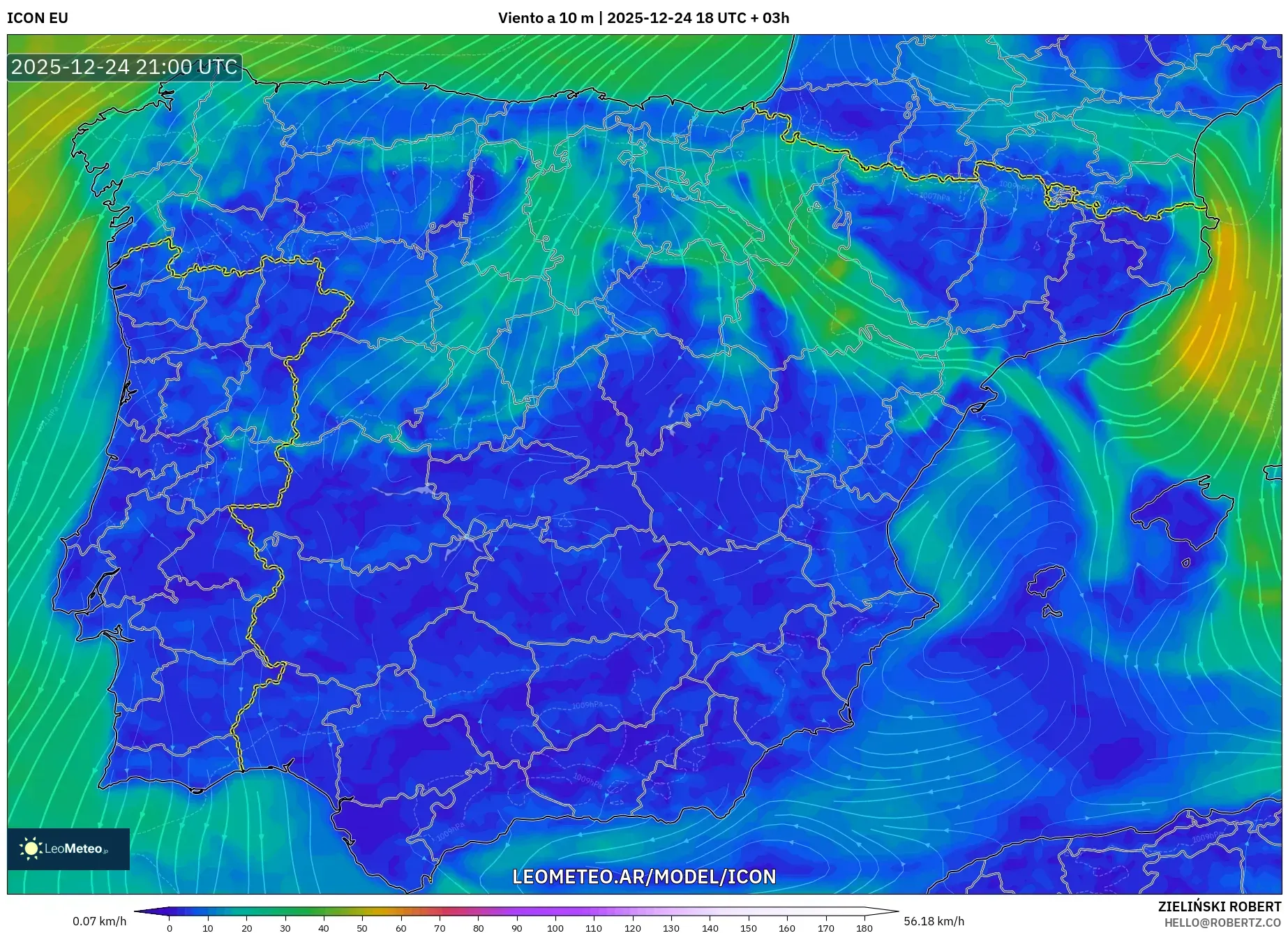 ICON model - Hiszpania, Wiatr na 10 m