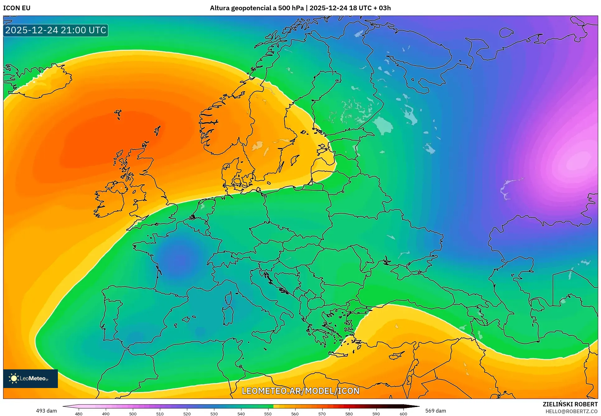 ICON model - Europa, Wysokość geopotencjalna na poziomie 500 hPa