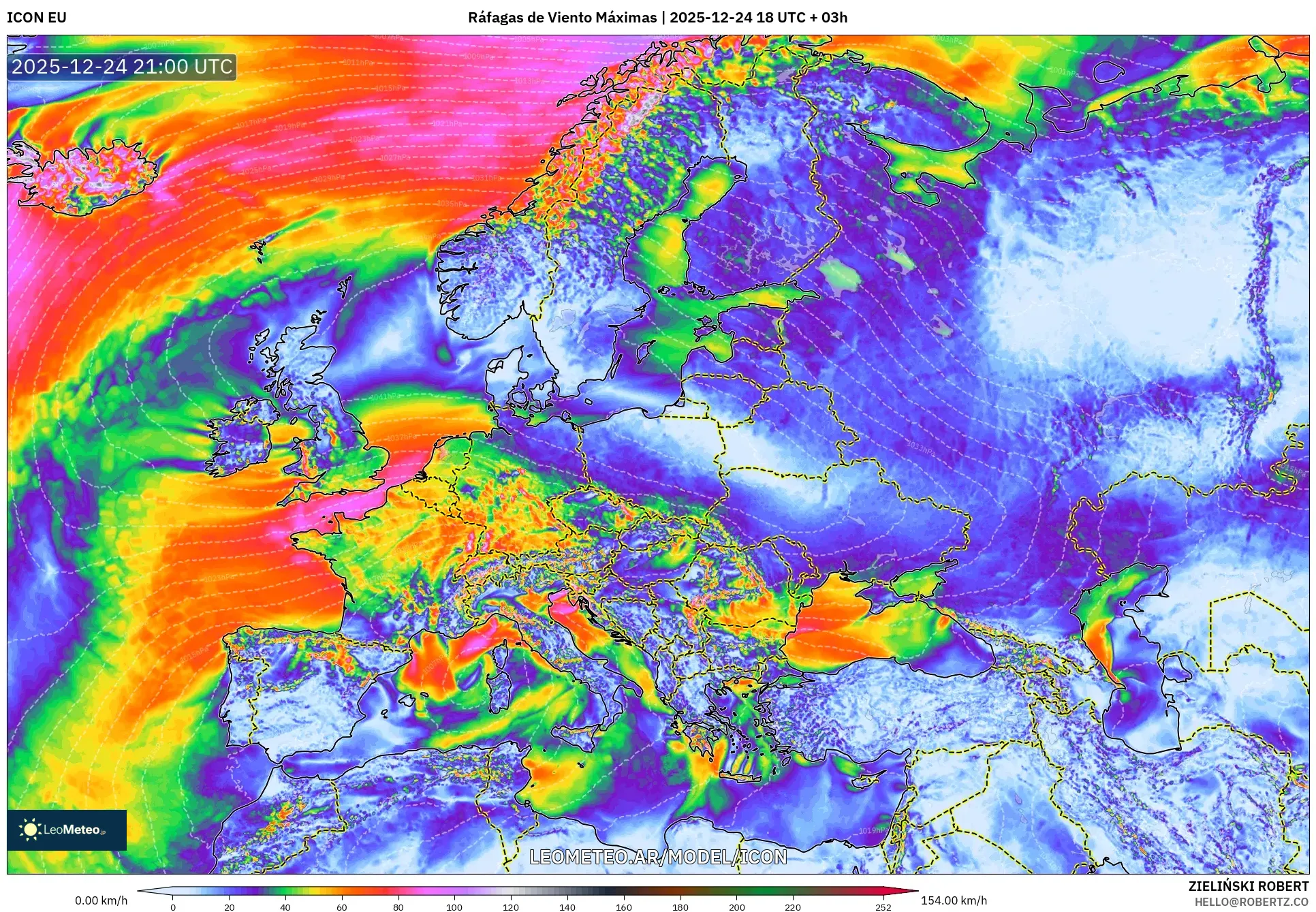 ICON model - Europa, Maksymalne Porywy Wiatru