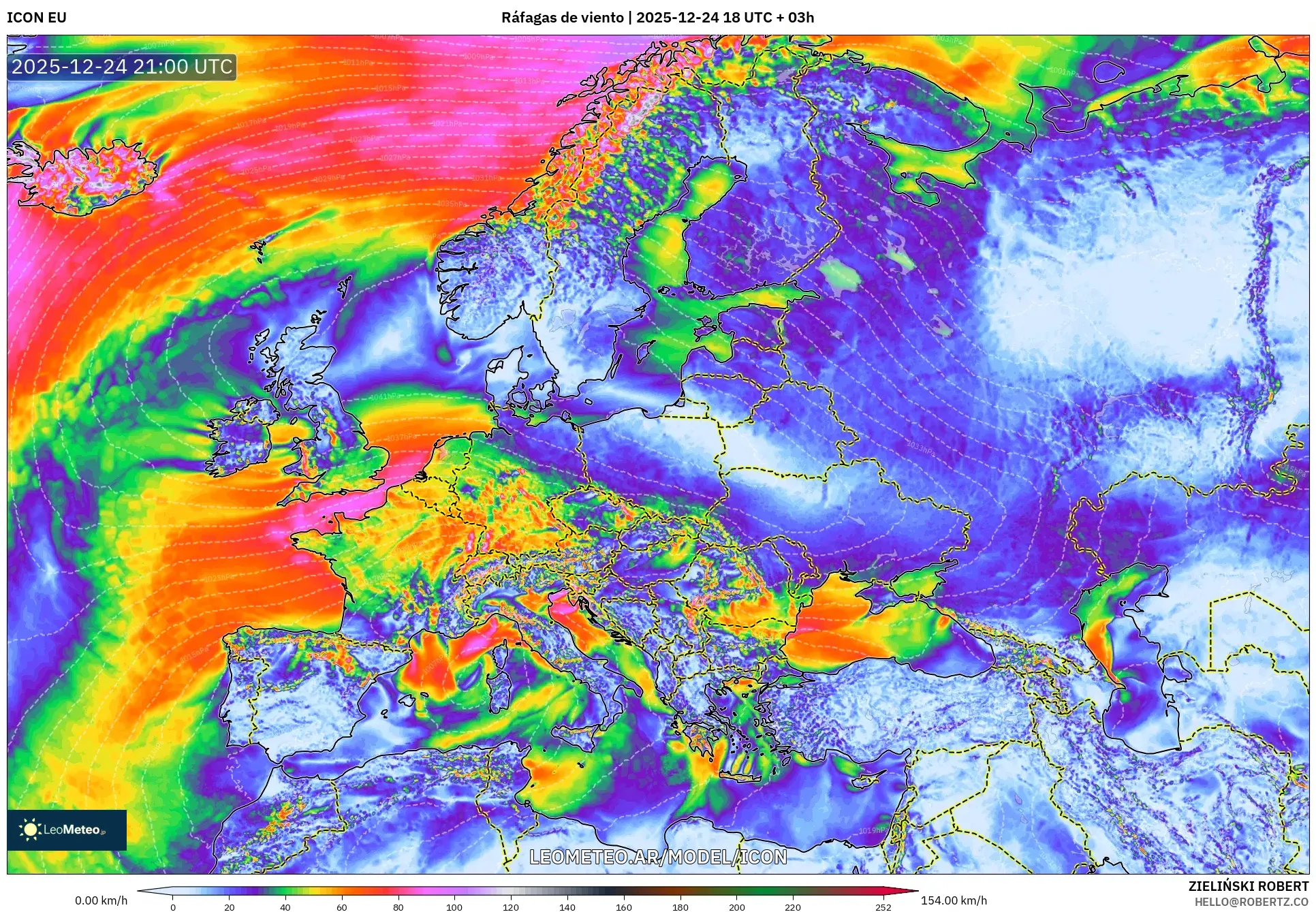 ICON model - Europa, Porywy wiatru