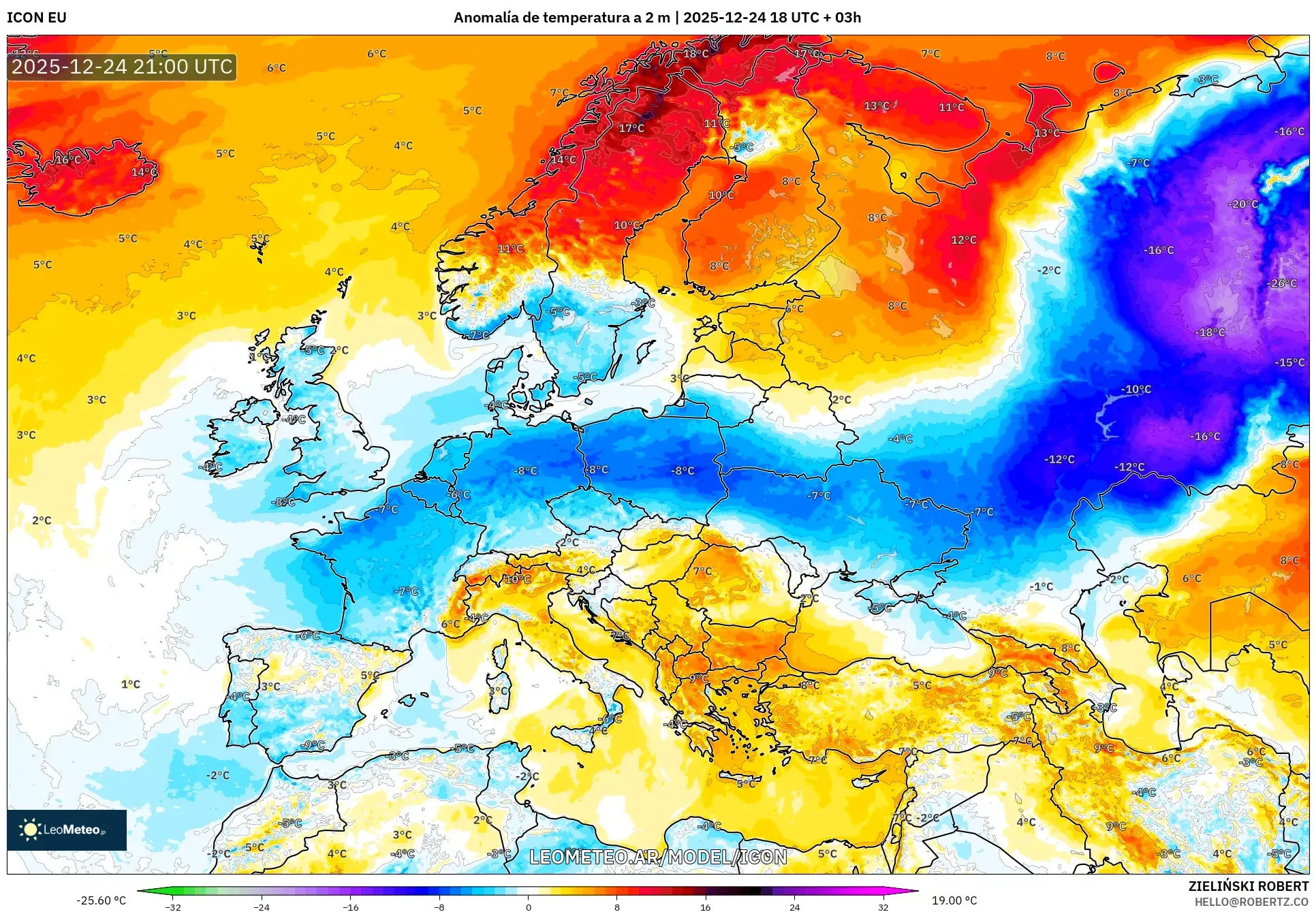 ICON model - Europa, Anomalia temperatury na 2 m