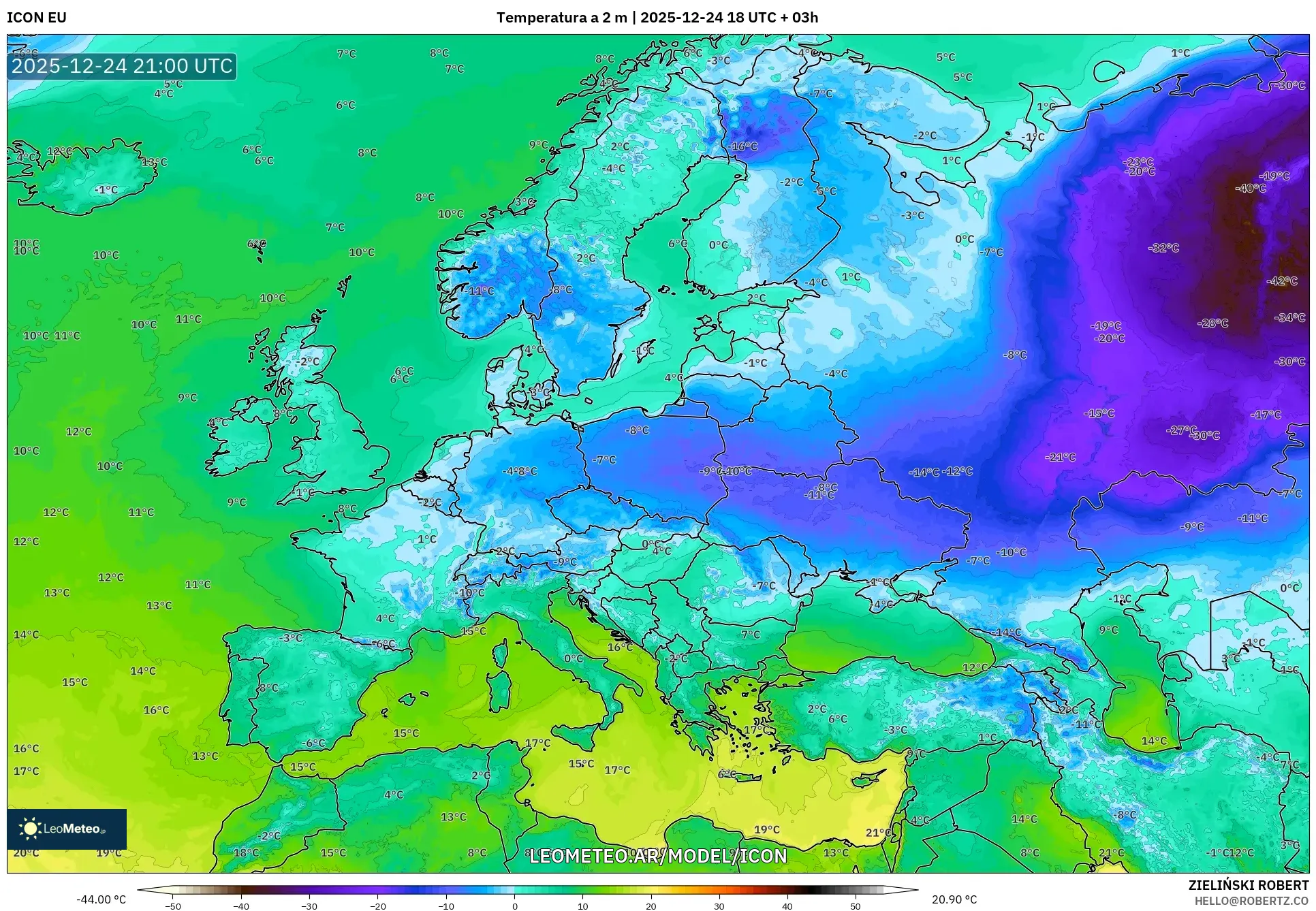 ICON model - Europa, Temperatura na 2 m