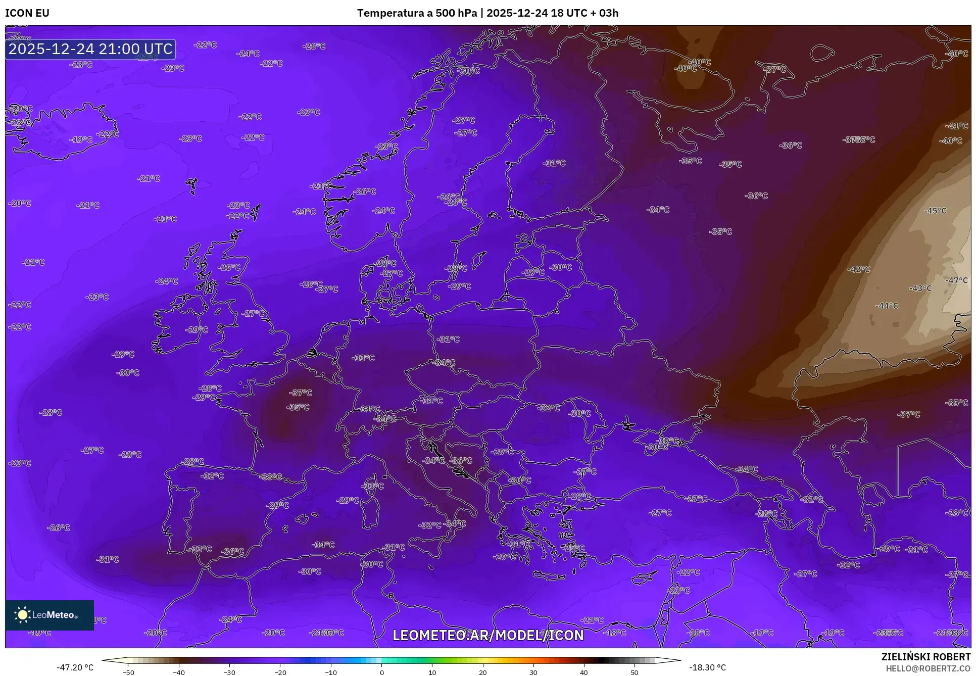 ICON model - Europa, Temperatura na 500 hPa