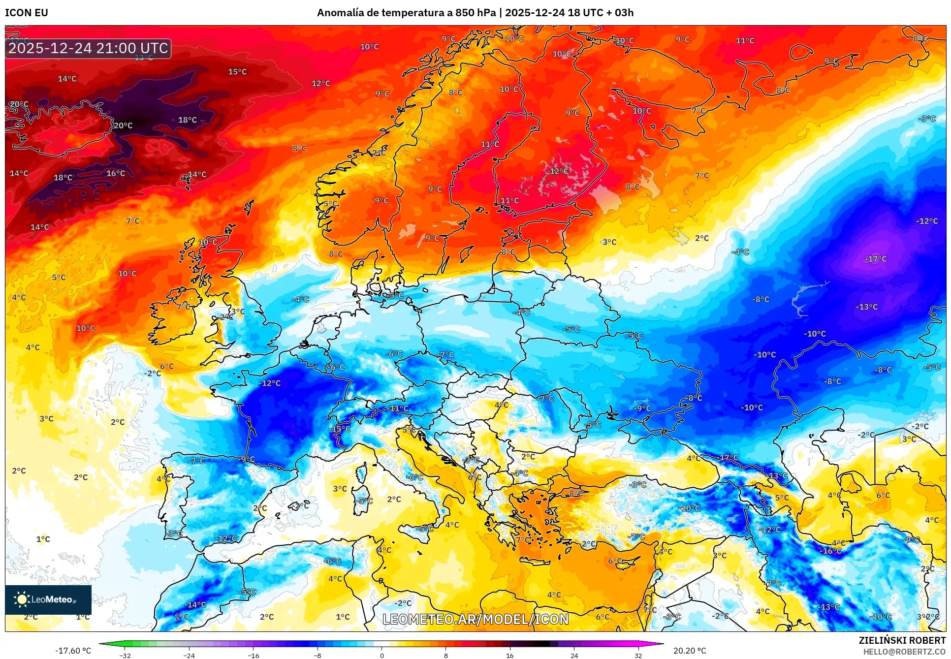 ICON model - Europa, Anomalia temperatury na 850 hPa