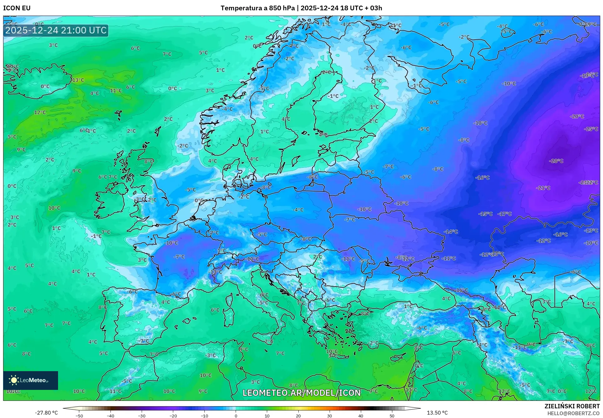 ICON model - Europa, Temperatura na 850 hPa
