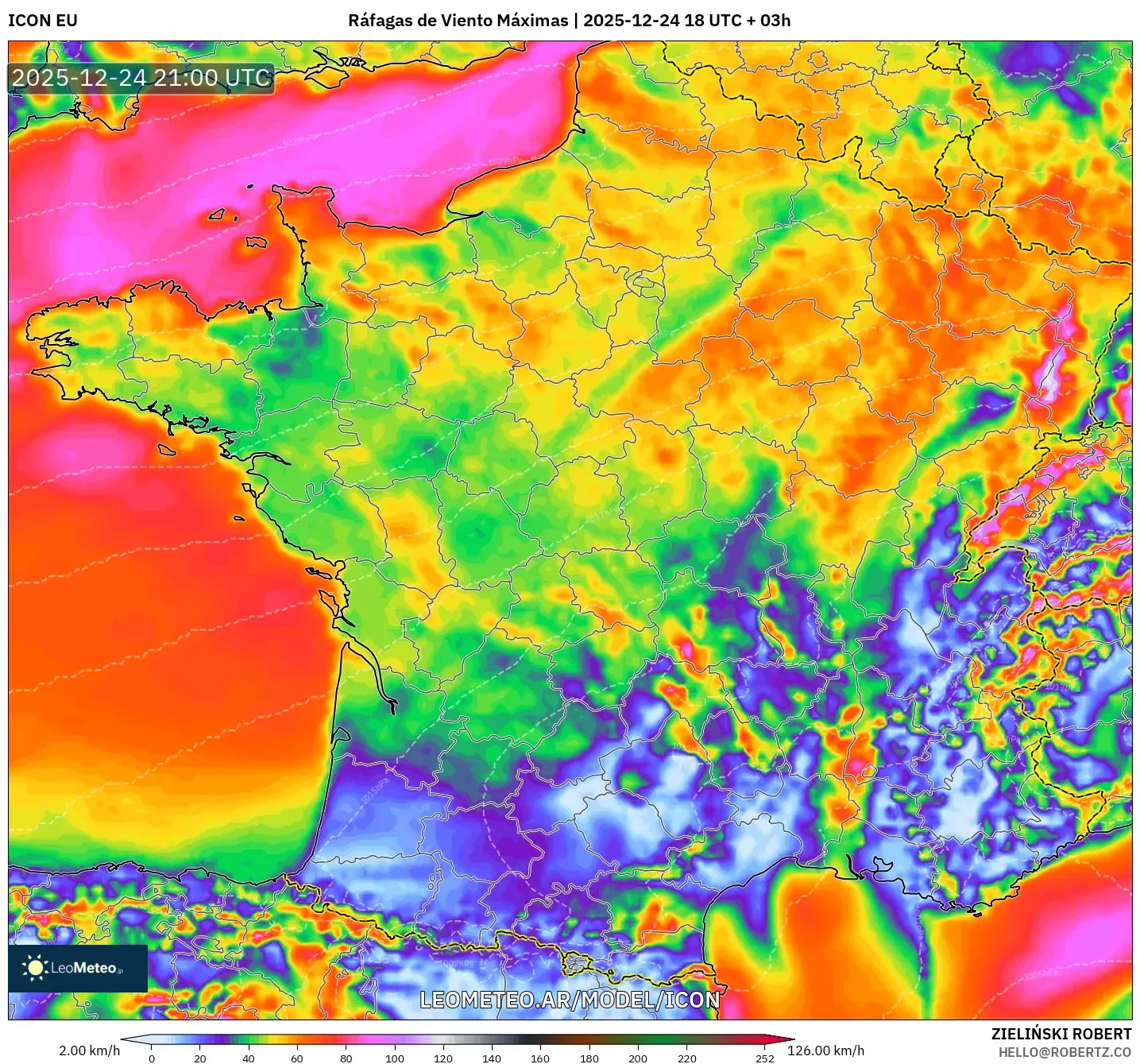 ICON model - Francja, Maksymalne Porywy Wiatru