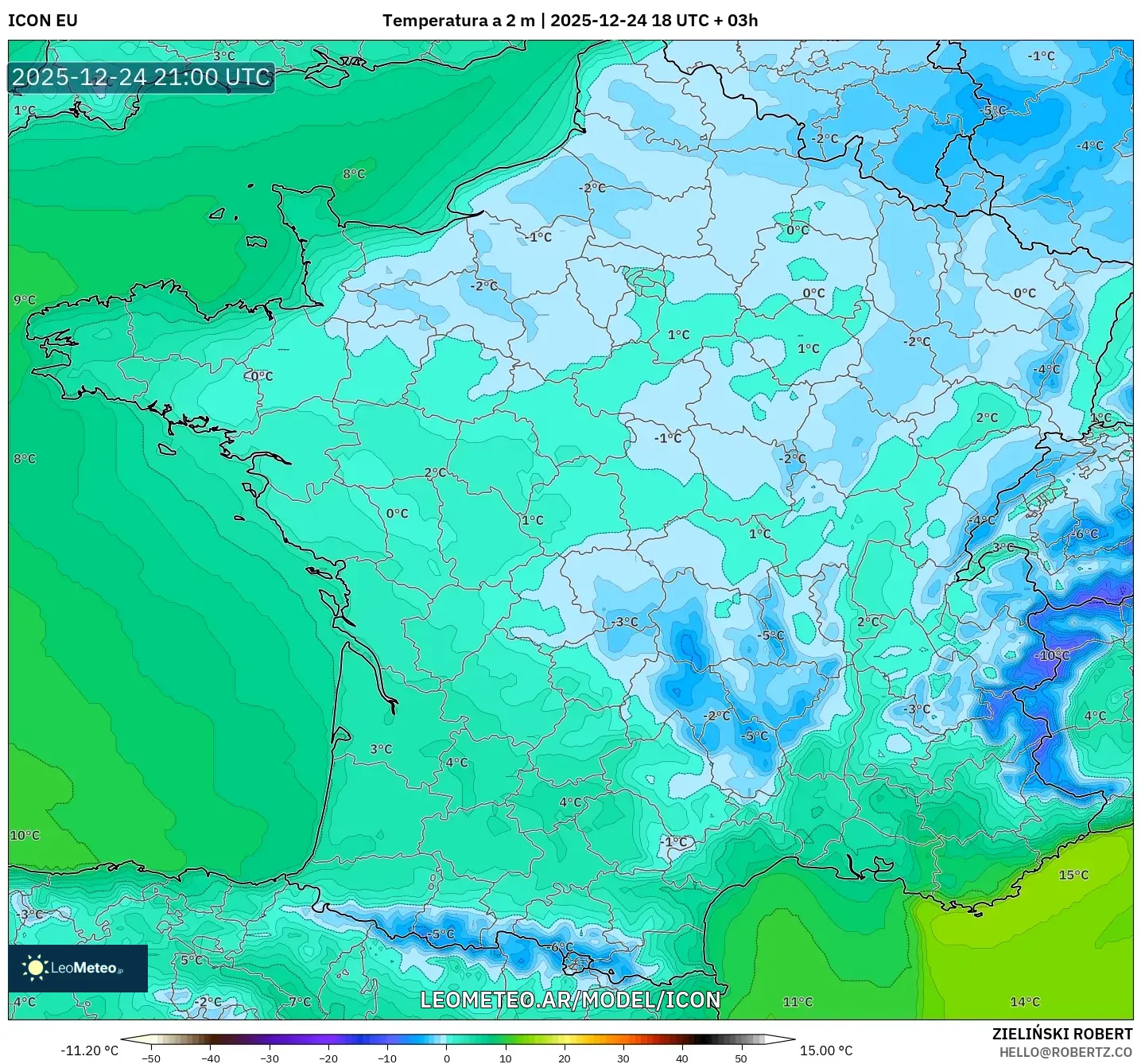 ICON model - Francja, Temperatura na 2 m