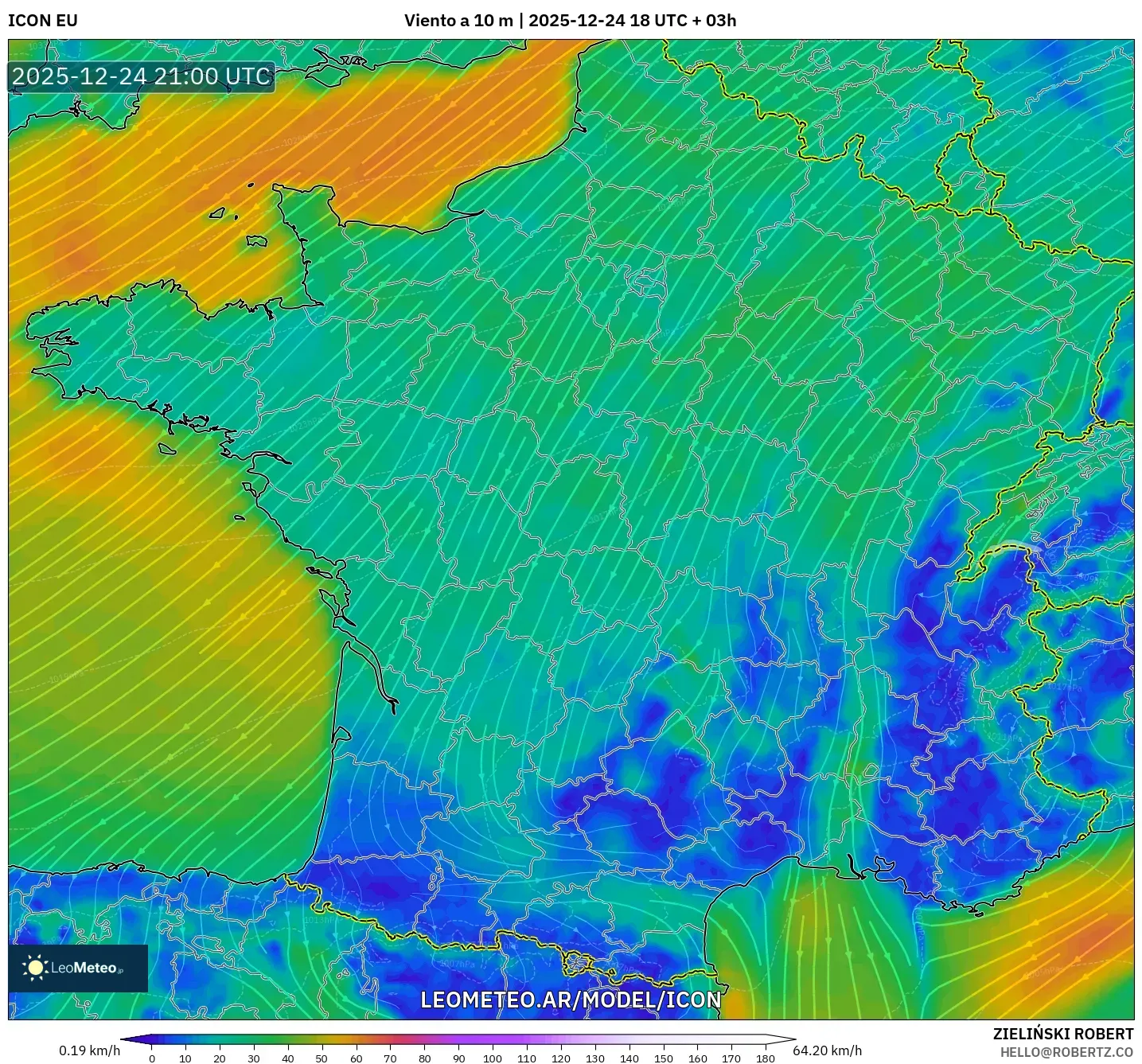 ICON model - Francja, Wiatr na 10 m