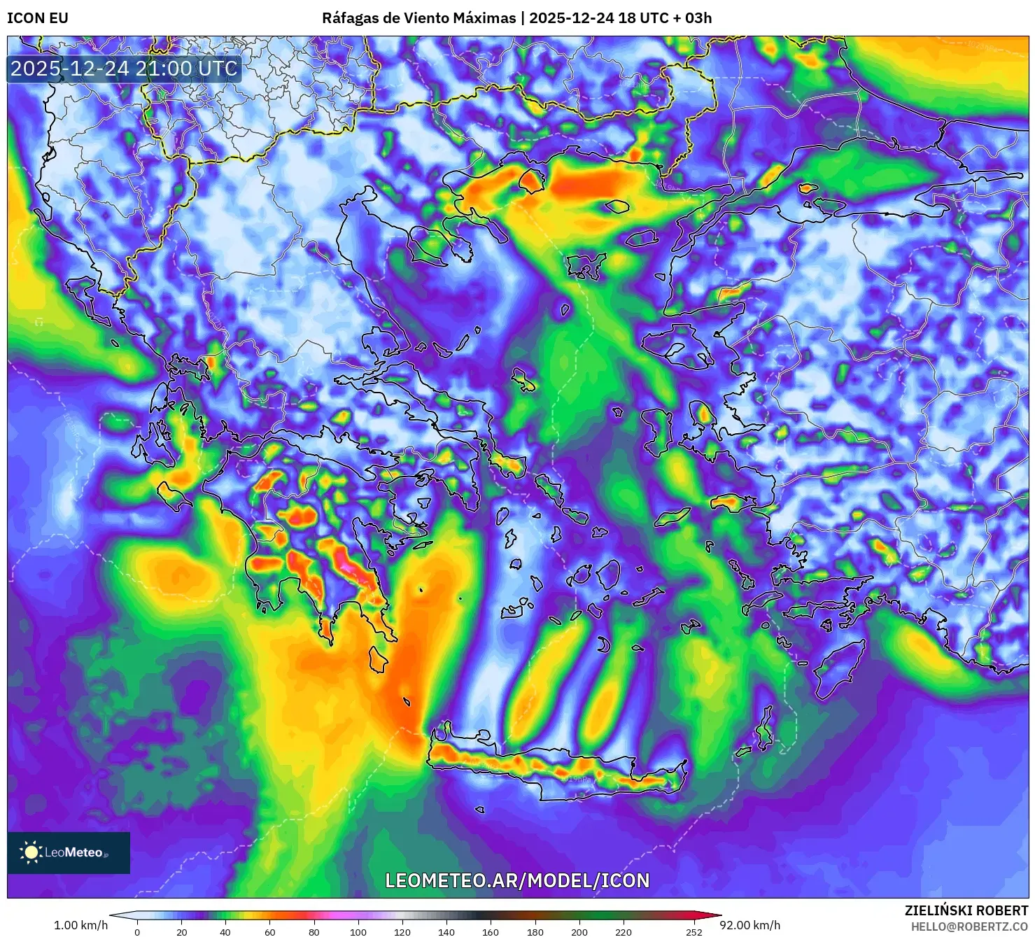 ICON model - Grecja, Maksymalne Porywy Wiatru