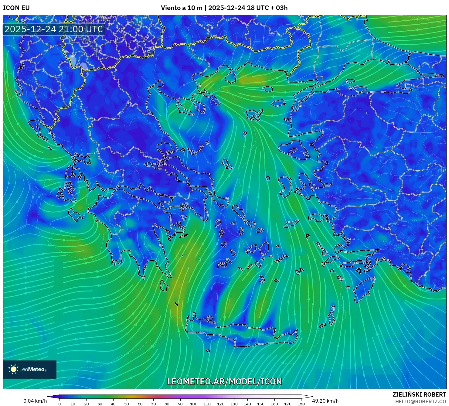 ICON model - Grecja, Wiatr na 10 m