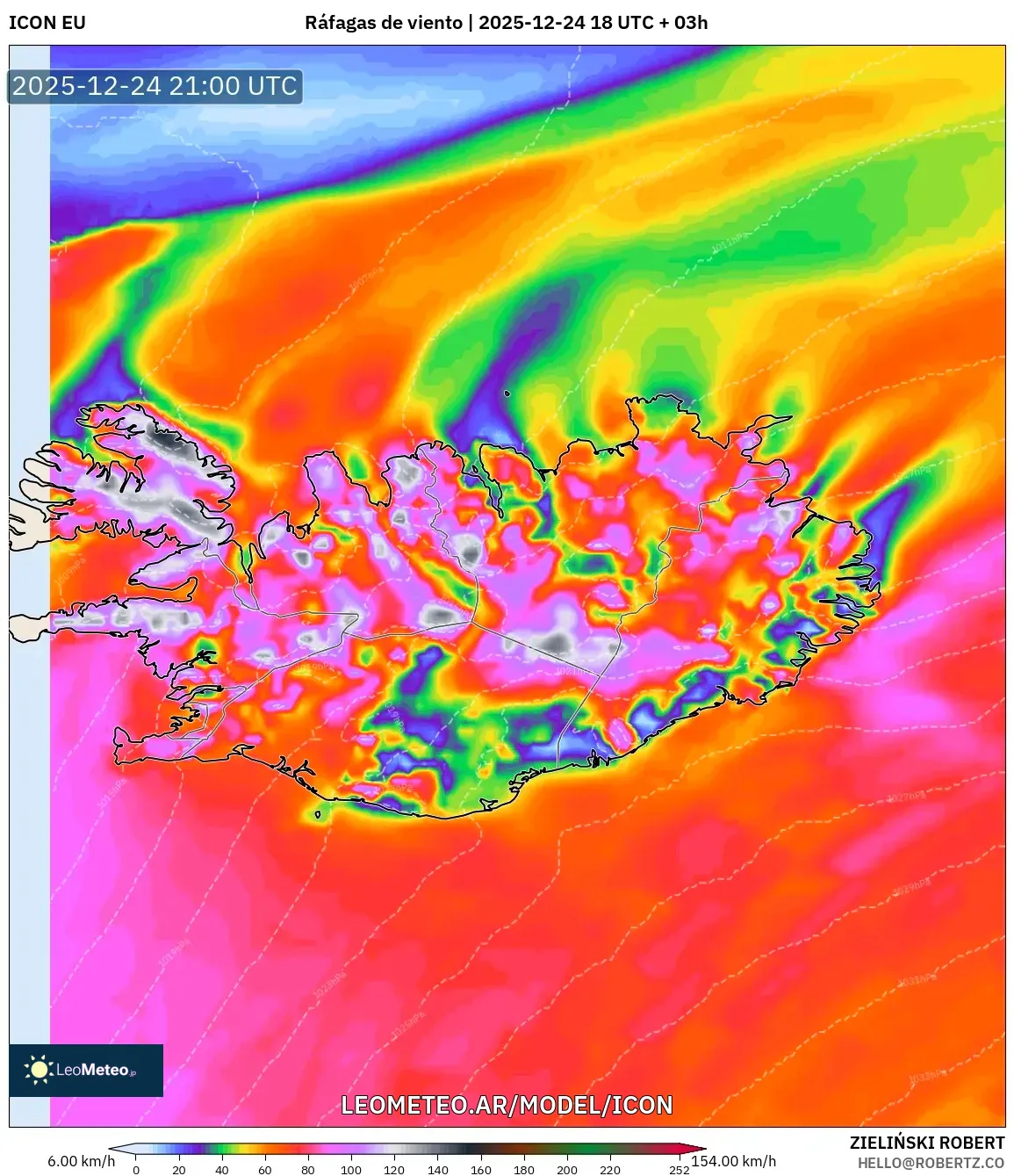 ICON model - Islandia, Porywy wiatru